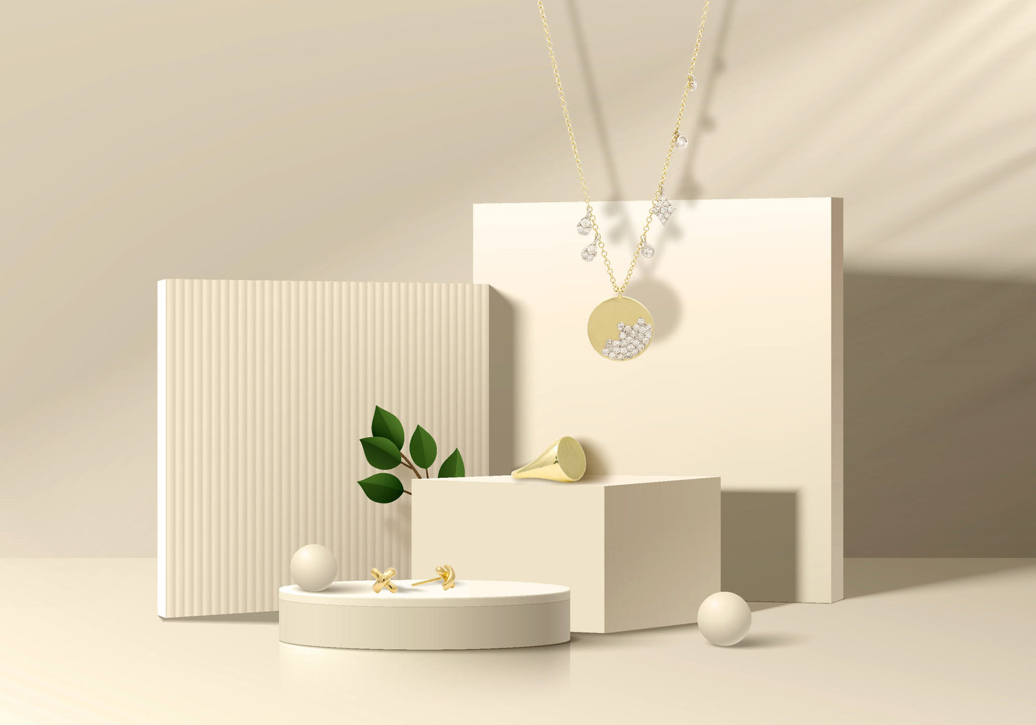 Minimalistic jewelry banner featuring a necklace, ring, and earrings on a beige background.