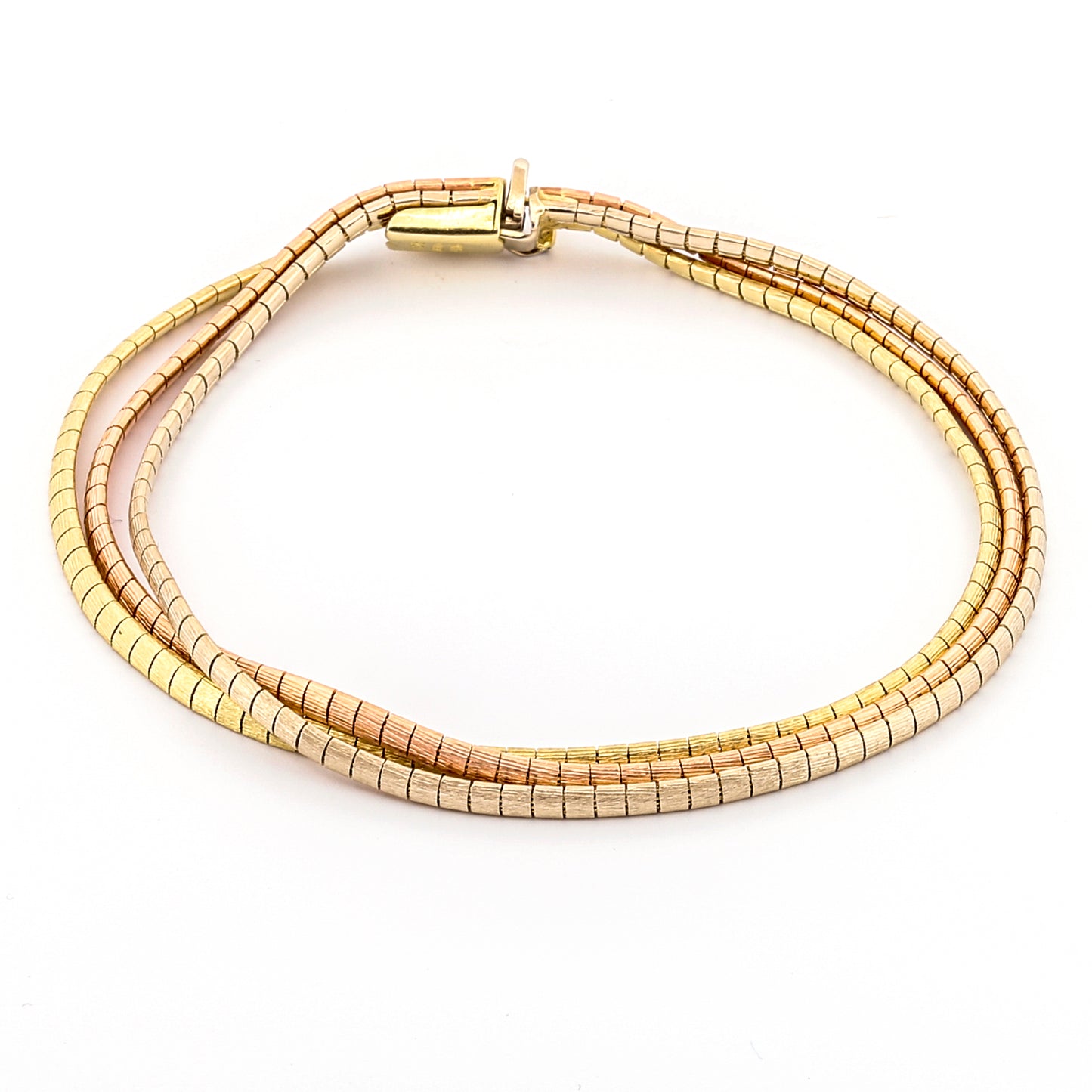Pulsera vintage de textura de múltiples hilos de oro tricolor de 14k