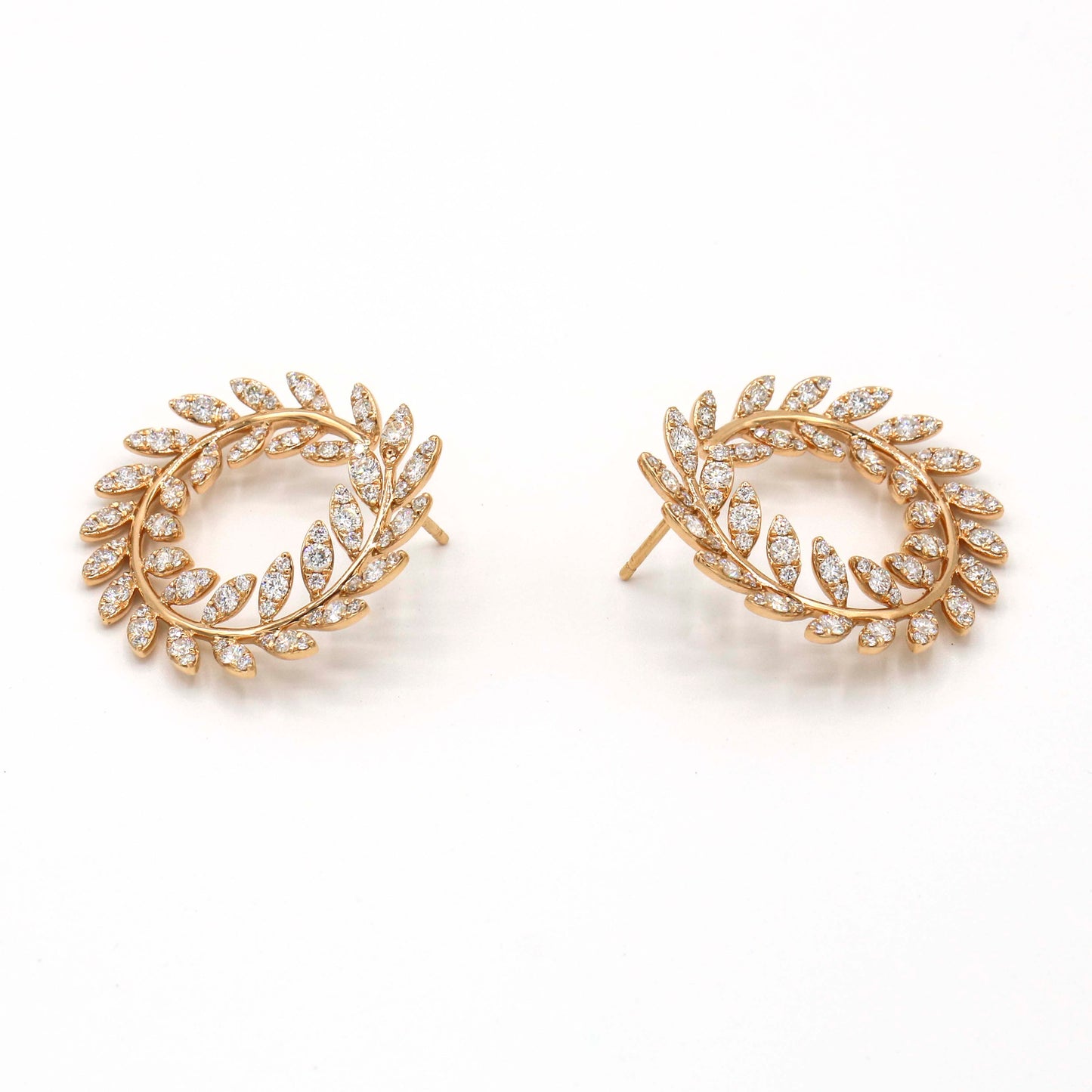 Designer Signed Laurel Wreath Diamond Leaf Earrings in 18k Rose Gold