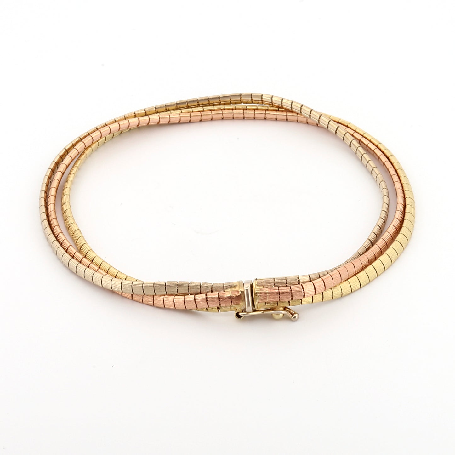 Pulsera vintage de textura de múltiples hilos de oro tricolor de 14k