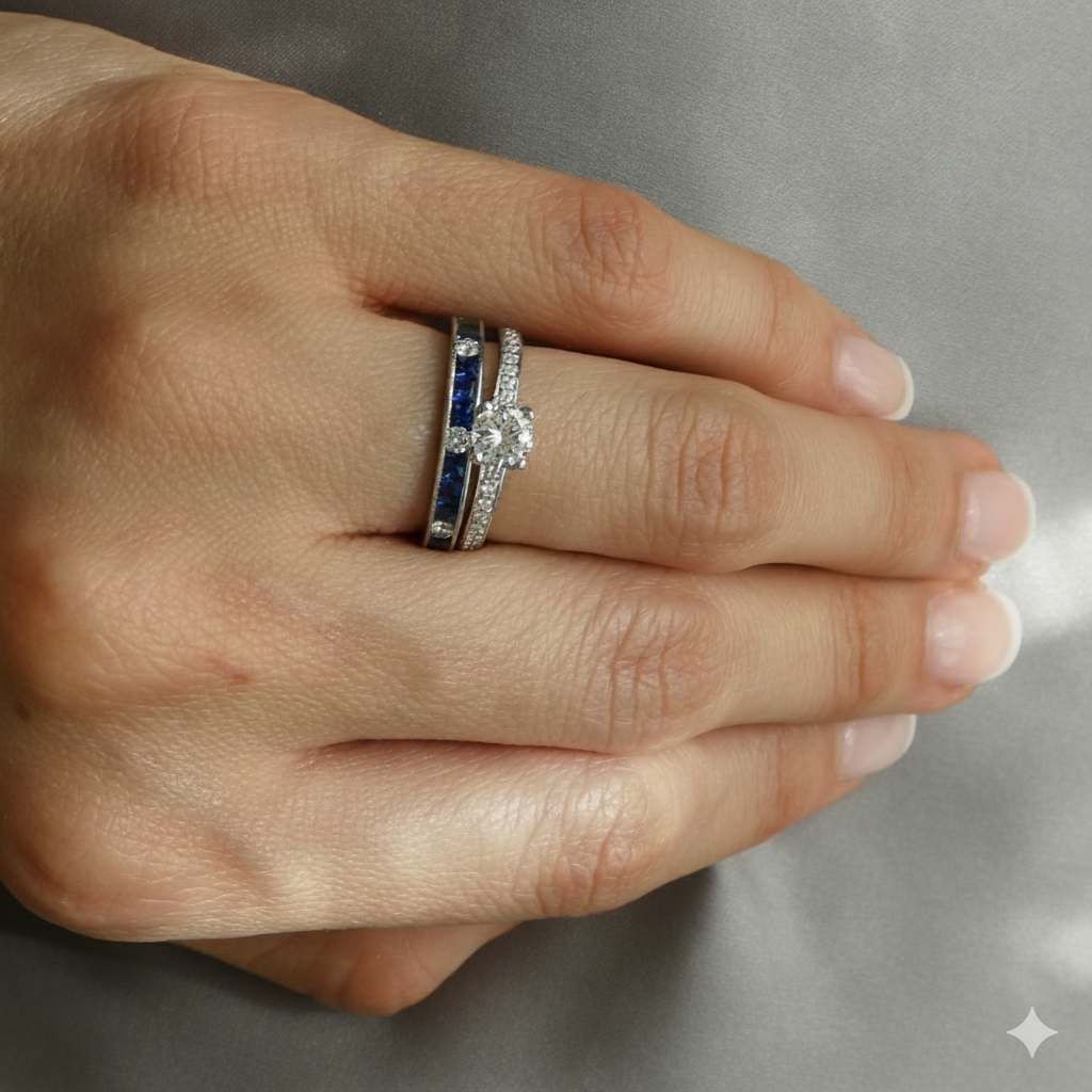 18K White Gold Blue Sapphire & Diamond Milgrain Anniversary Band 1.40ct Size 7