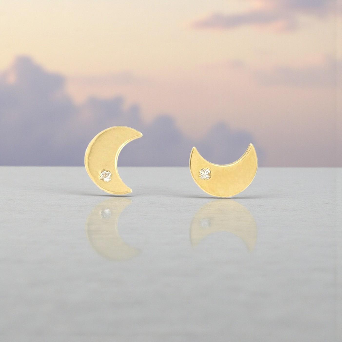18K Solid Yellow Gold Half-Moon Gemstone Screw-Back Baby Earrings 5mm