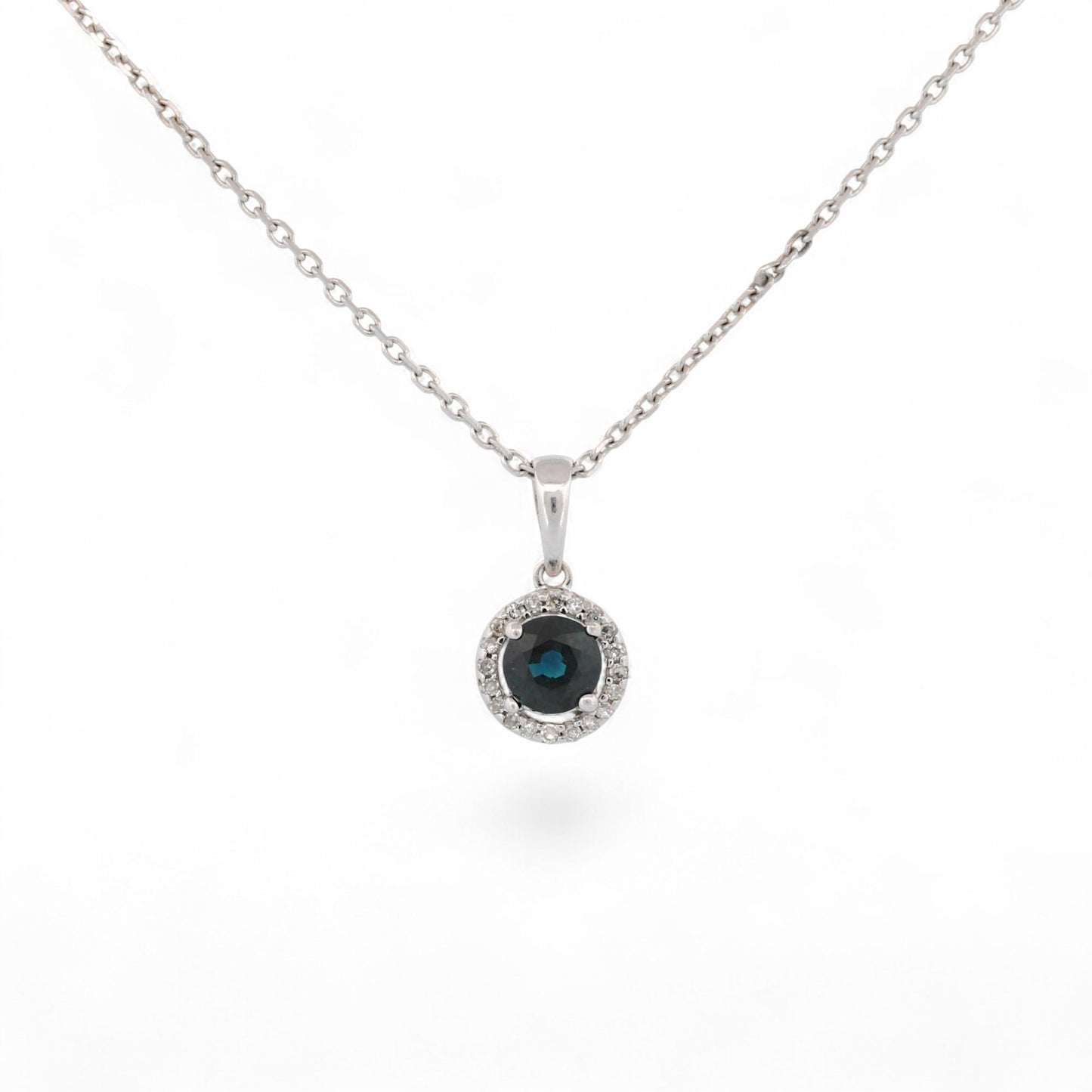 14K White Gold Natural Sapphire & Diamond Halo Minimalist Pendant Necklace