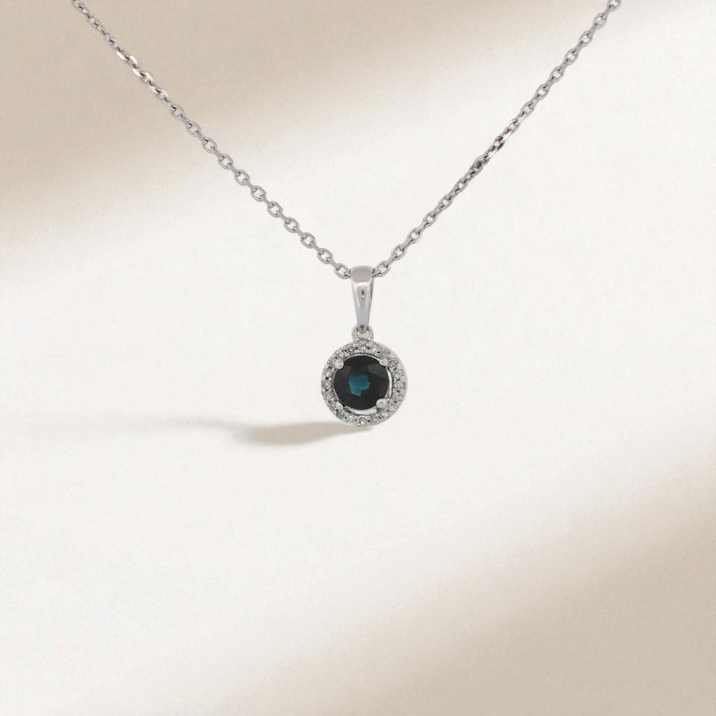 14K White Gold Natural Sapphire & Diamond Halo Minimalist Pendant Necklace