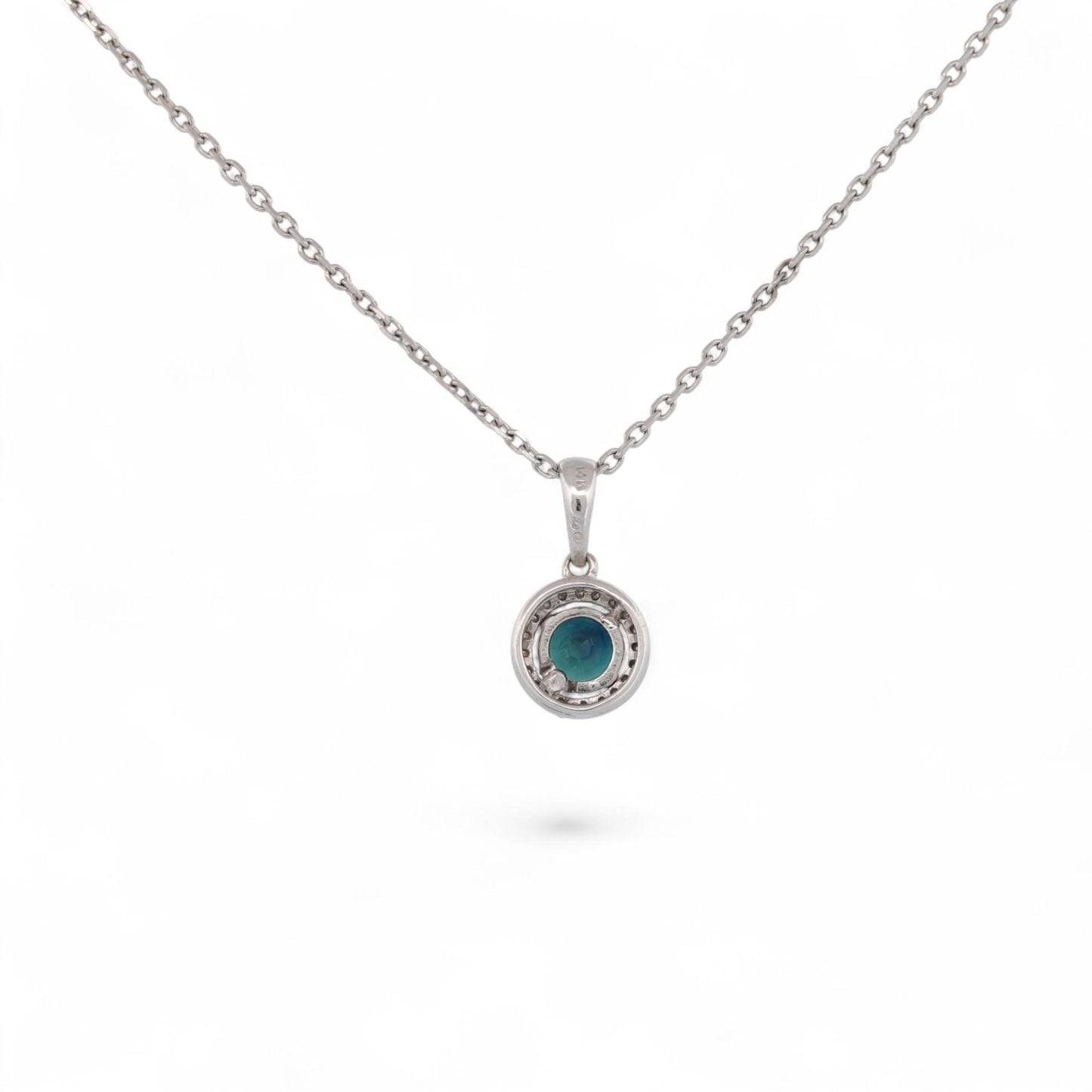 14K White Gold Natural Sapphire & Diamond Halo Minimalist Pendant Necklace