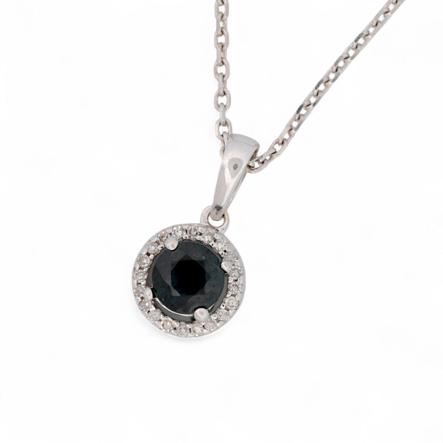 14K White Gold Natural Sapphire & Diamond Halo Minimalist Pendant Necklace