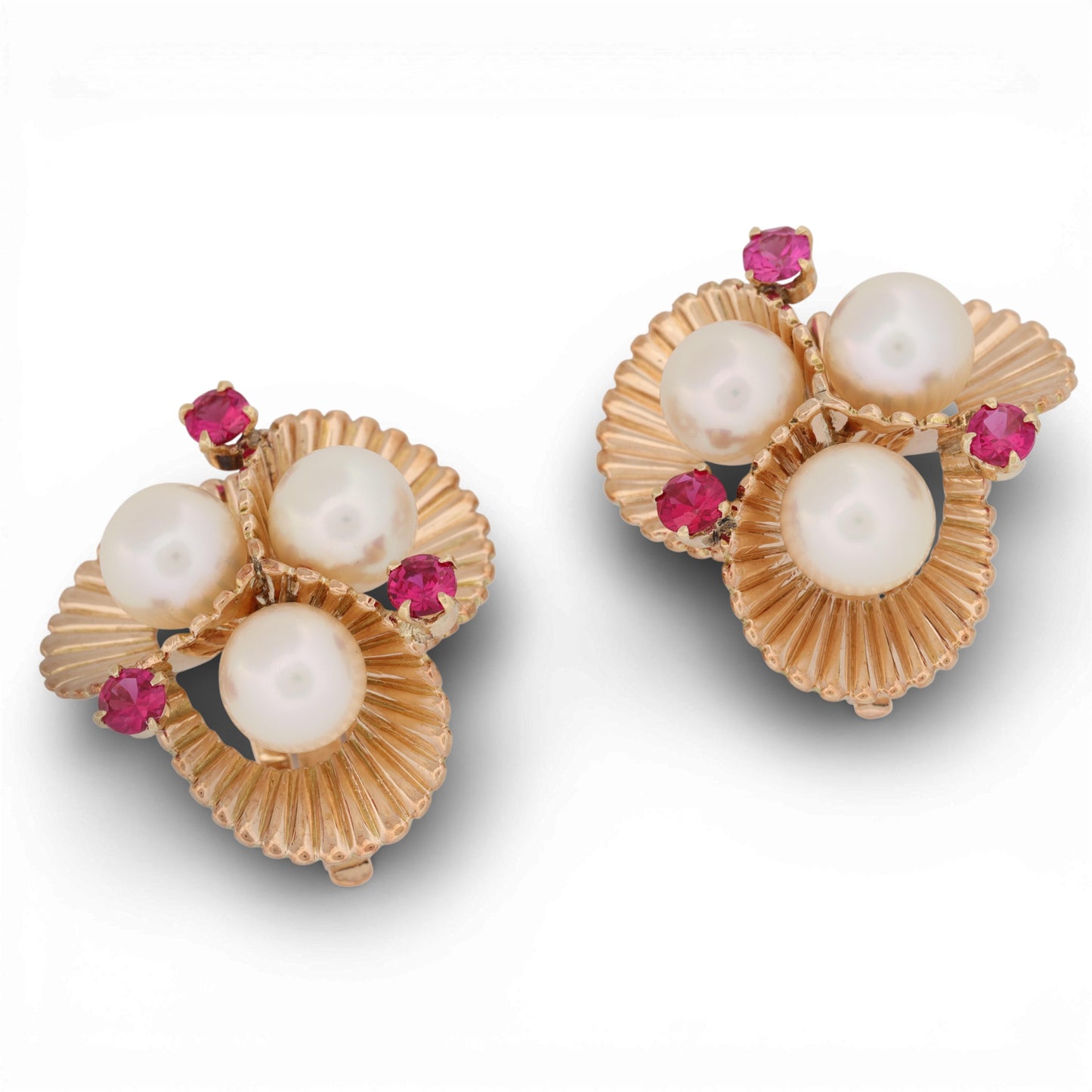 18K Yellow Gold Pearl & Ruby Clip-On Earrings Vintage Floral Fluted