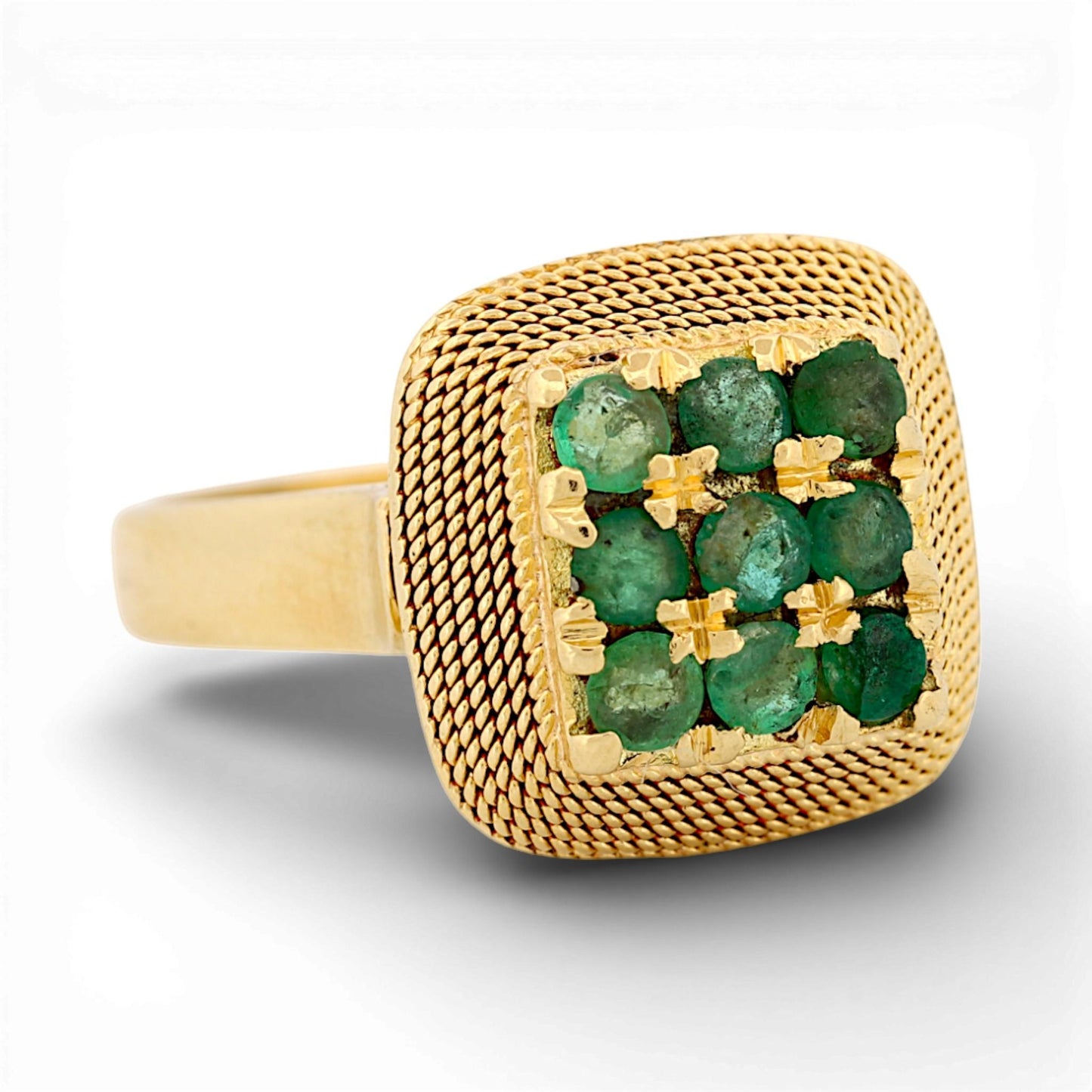 Vintage 18k Yellow Gold Emerald Rope-Textured Retro Statement Ring