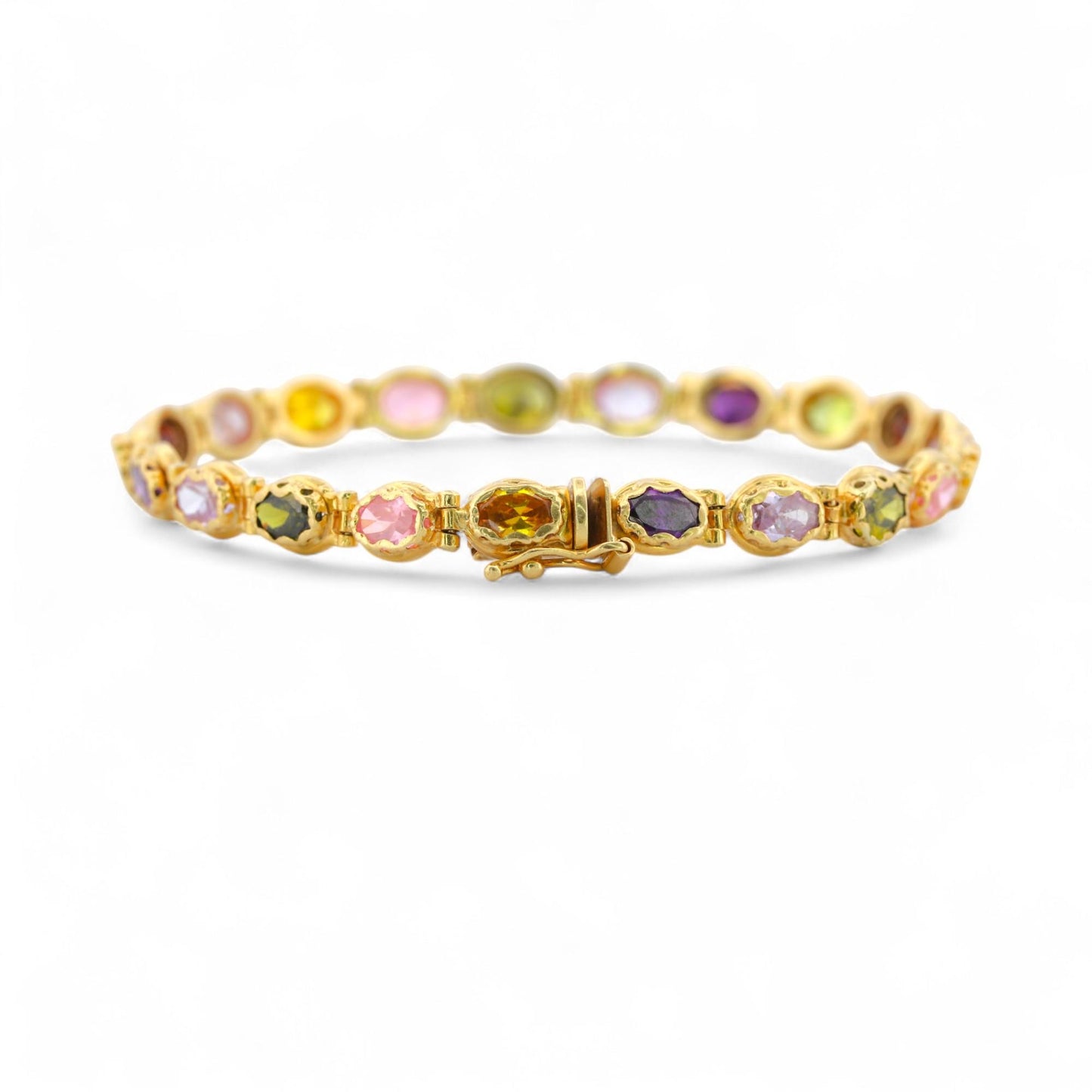 Vintage Italian 18K Yellow Gold Multi-Gemstone Link Bracelet Signed 7.5 in