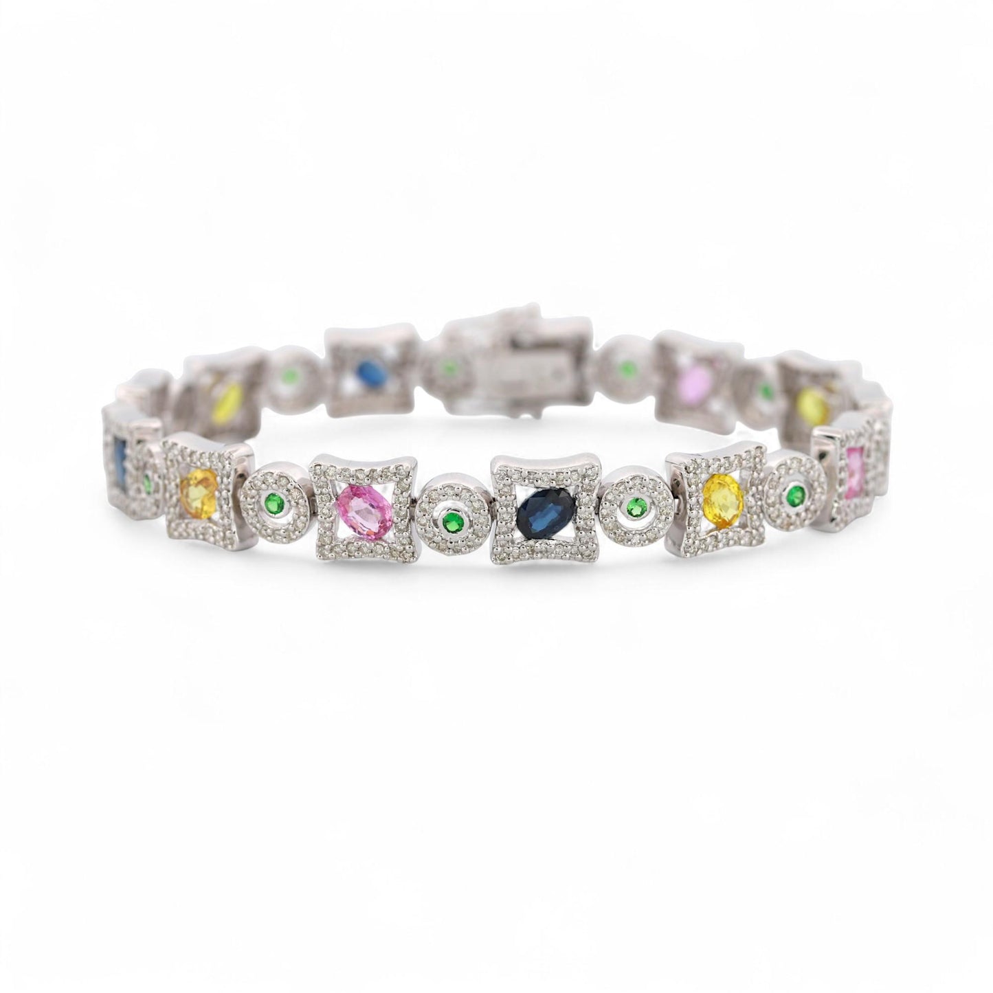 14K White Gold Multi-Color Sapphire & Diamond Bracelet 7 in