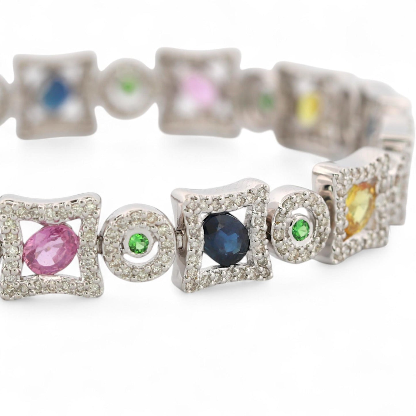 14K White Gold Multi-Color Sapphire & Diamond Bracelet 7 in