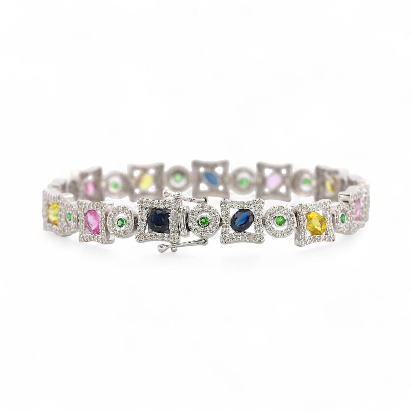 14K White Gold Multi-Color Sapphire & Diamond Bracelet 7 in