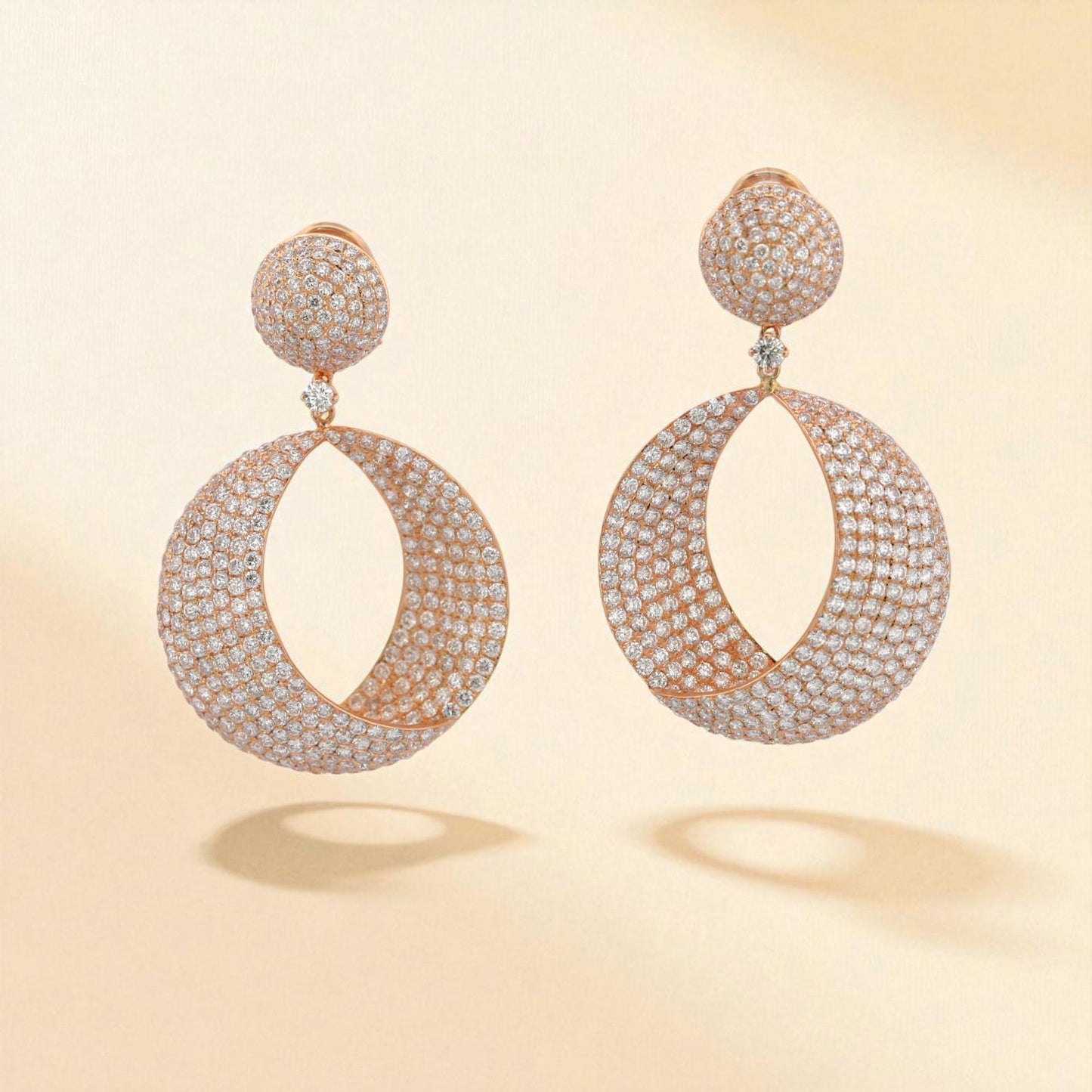 18K Rose Gold Diamond Pave Drop Earrings 6.50ct Statement Omega Backs
