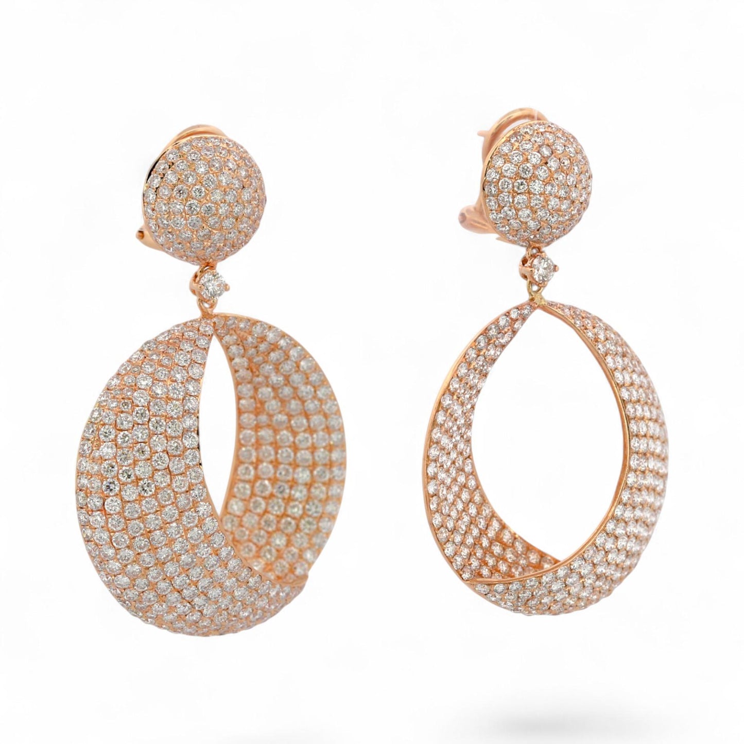 18K Rose Gold Diamond Pave Drop Earrings 6.50ct Statement Omega Backs