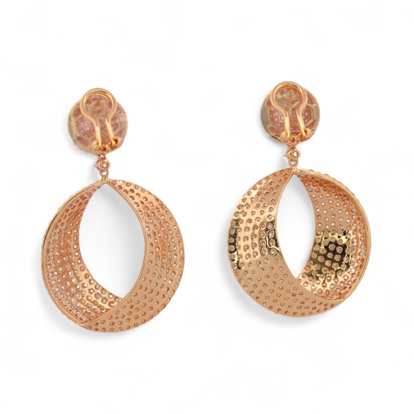 18K Rose Gold Diamond Pave Drop Earrings 6.50ct Statement Omega Backs