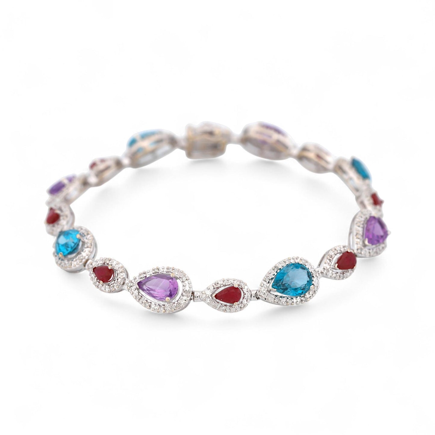 18K White Gold Ruby Blue Topaz Amethyst Diamond Gemstone Bracelet