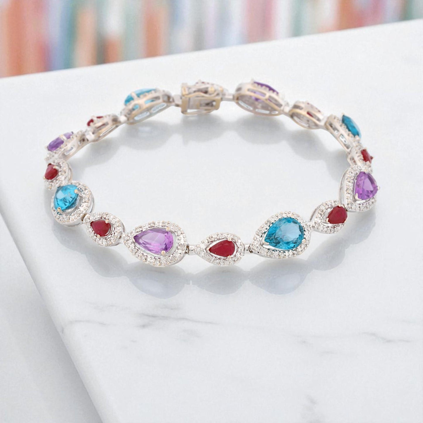 18K White Gold Ruby Blue Topaz Amethyst Diamond Gemstone Bracelet
