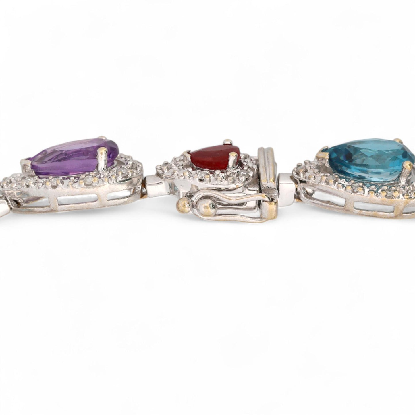 18K White Gold Ruby Blue Topaz Amethyst Diamond Gemstone Bracelet