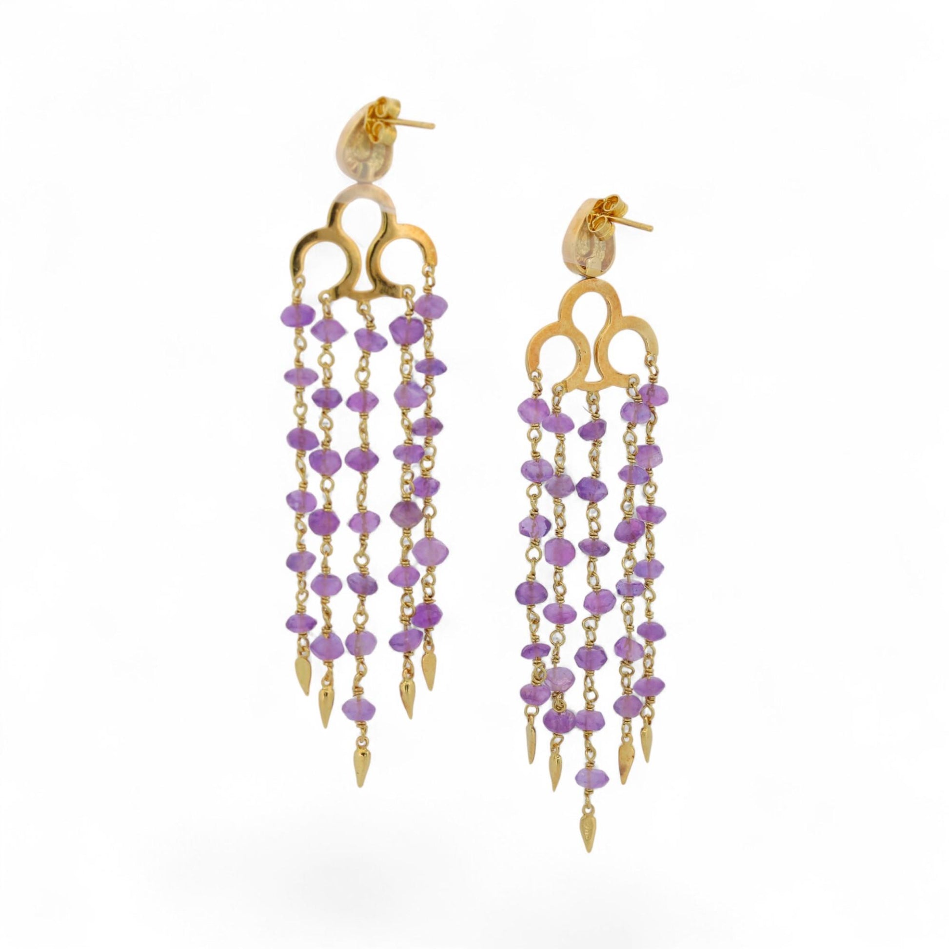 Vintage 18K Yellow Gold Amethyst Faceted Bead Chandelier Earrings