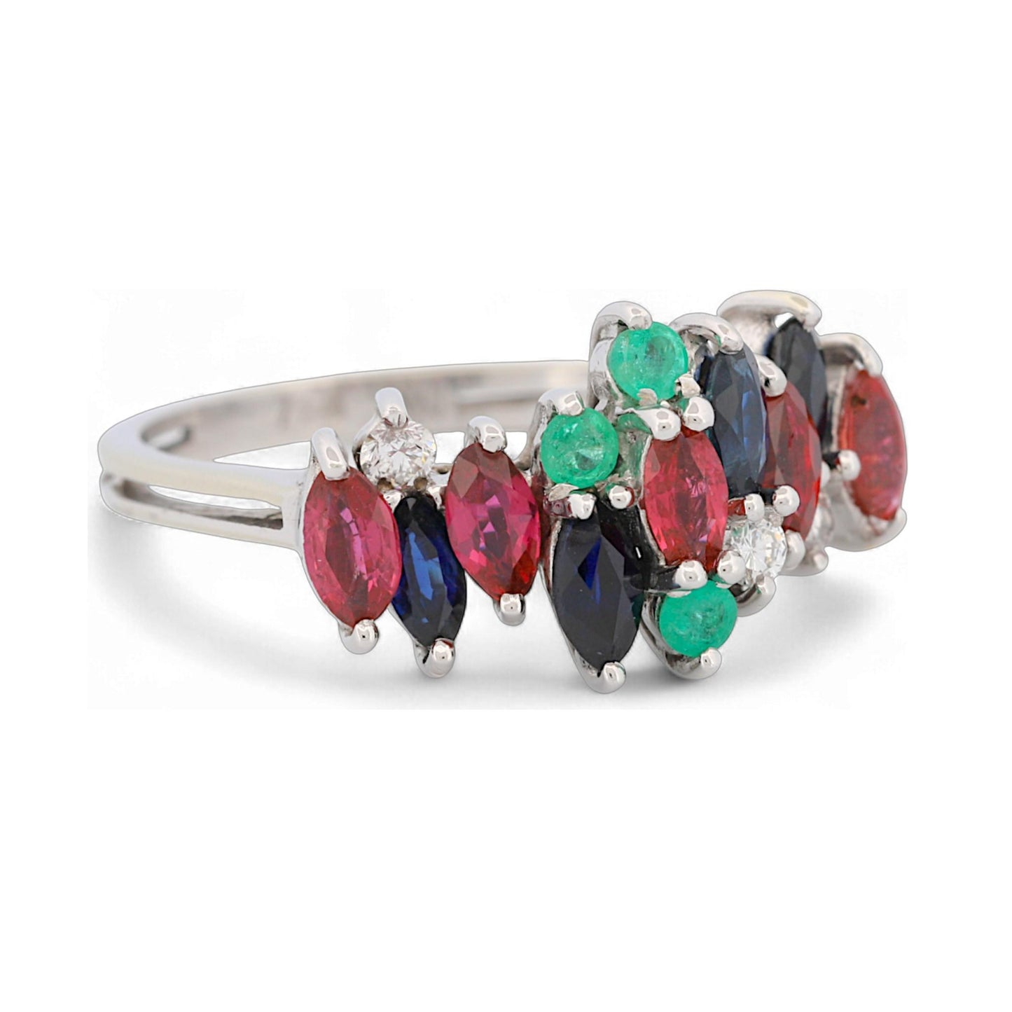 18K White Gold MK Signed Sapphire Ruby Emerald Diamond Cluster Ring Size 7