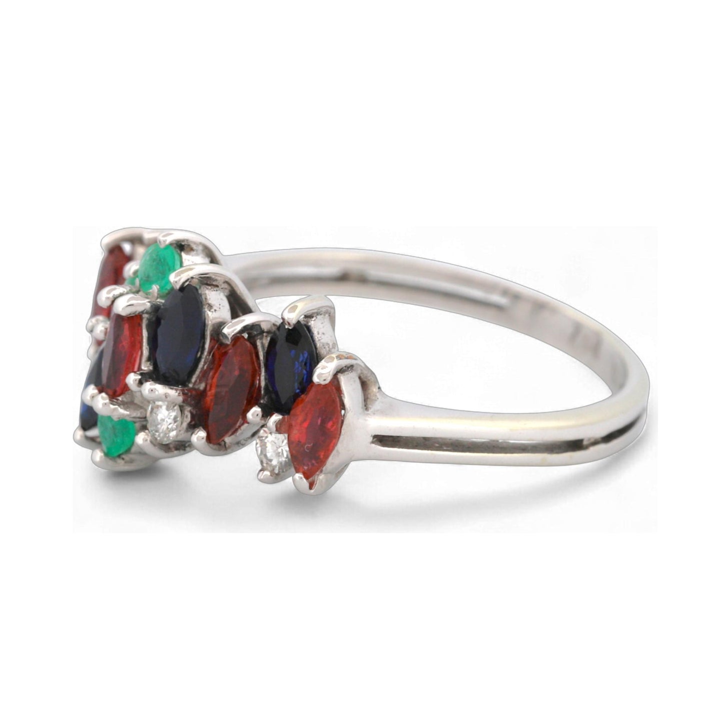 18K White Gold MK Signed Sapphire Ruby Emerald Diamond Cluster Ring Size 7