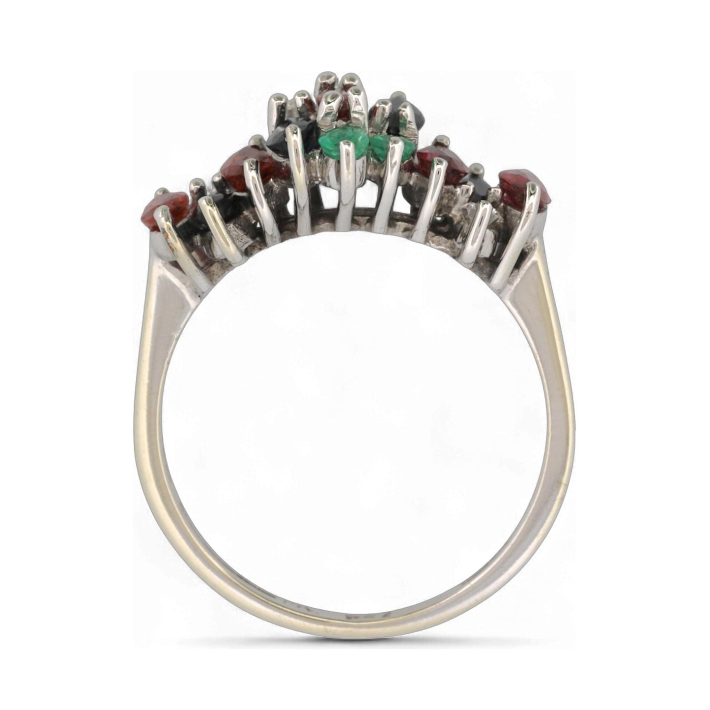 18K White Gold MK Signed Sapphire Ruby Emerald Diamond Cluster Ring Size 7