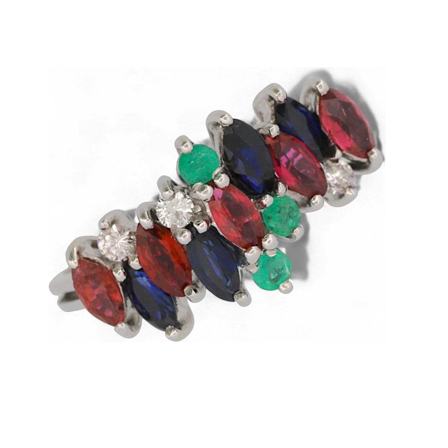 18K White Gold MK Signed Sapphire Ruby Emerald Diamond Cluster Ring Size 7