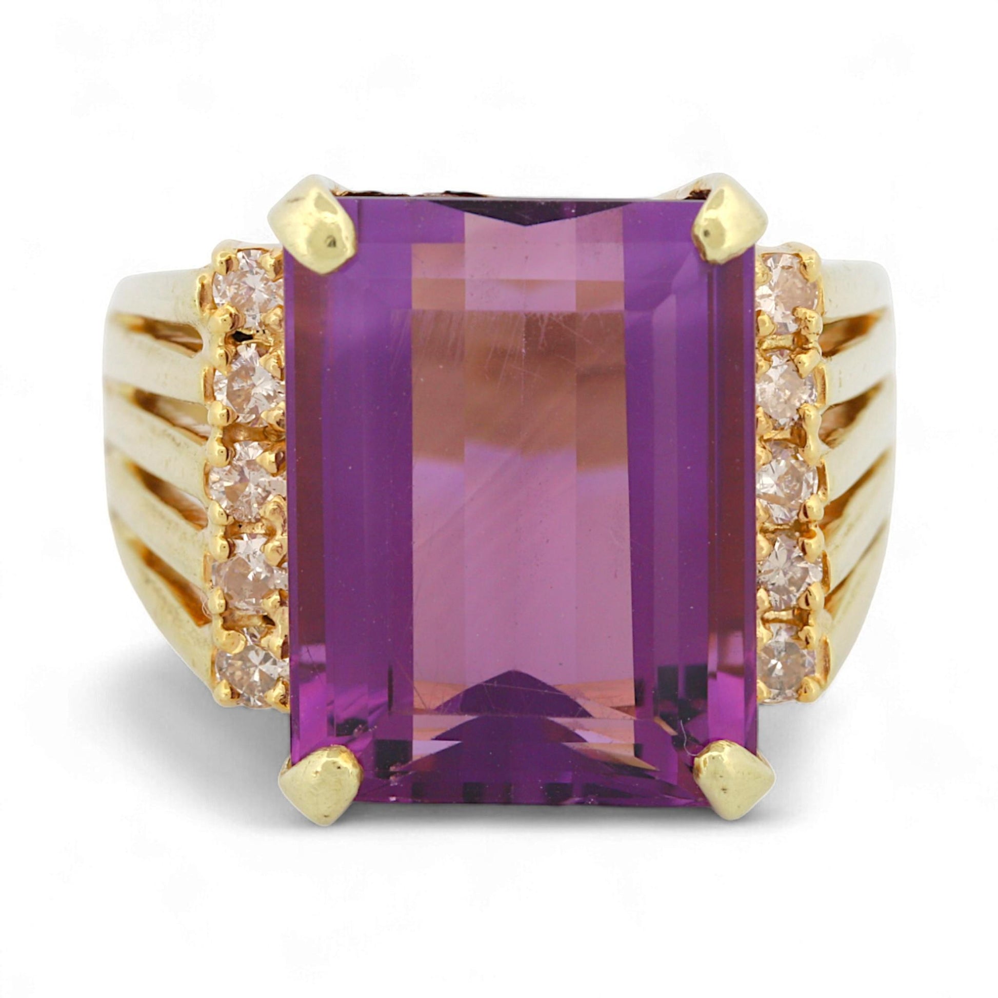 Vintage 14K Yellow Gold Amethyst & Diamond Statement Ring Size 9