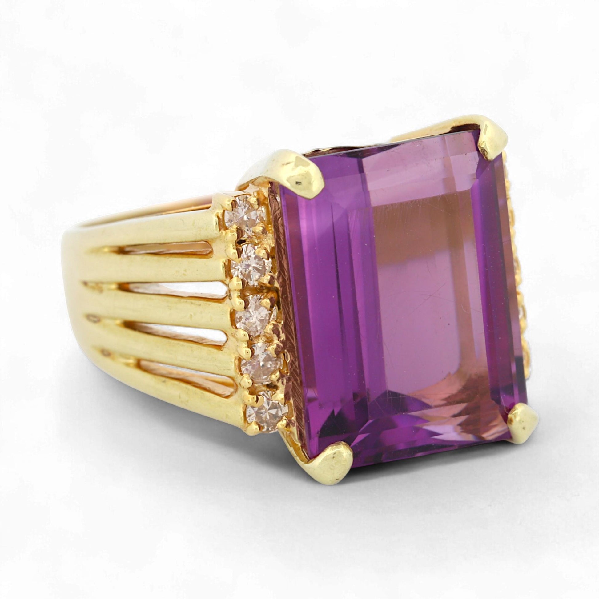 Vintage 14K Yellow Gold Amethyst & Diamond Statement Ring Size 9