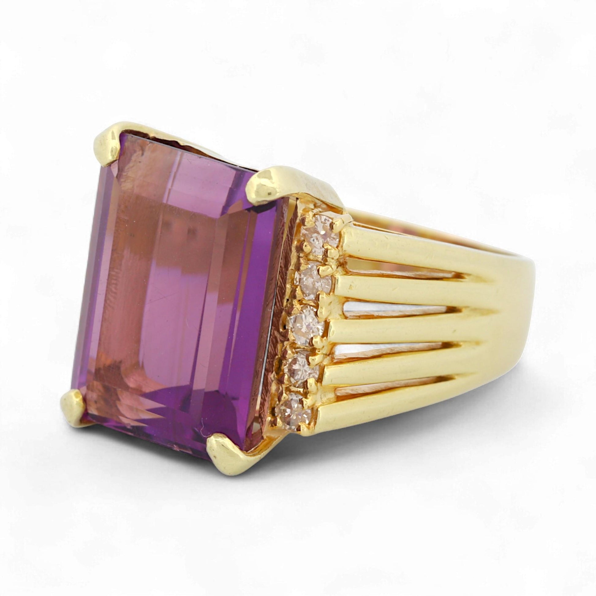 Vintage 14K Yellow Gold Amethyst & Diamond Statement Ring Size 9