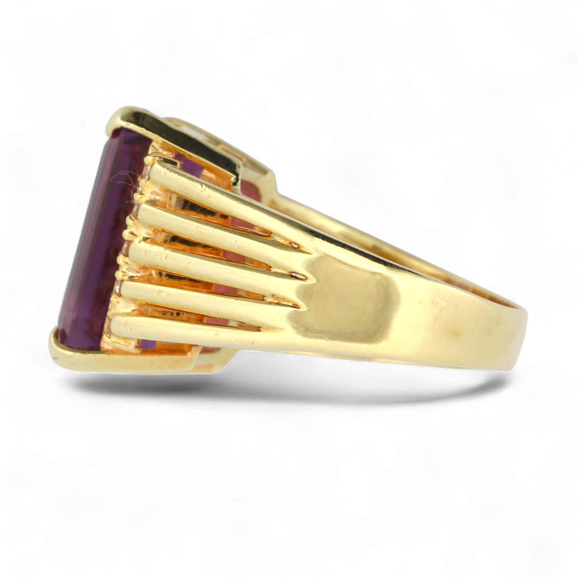 Vintage 14K Yellow Gold Amethyst & Diamond Statement Ring Size 9