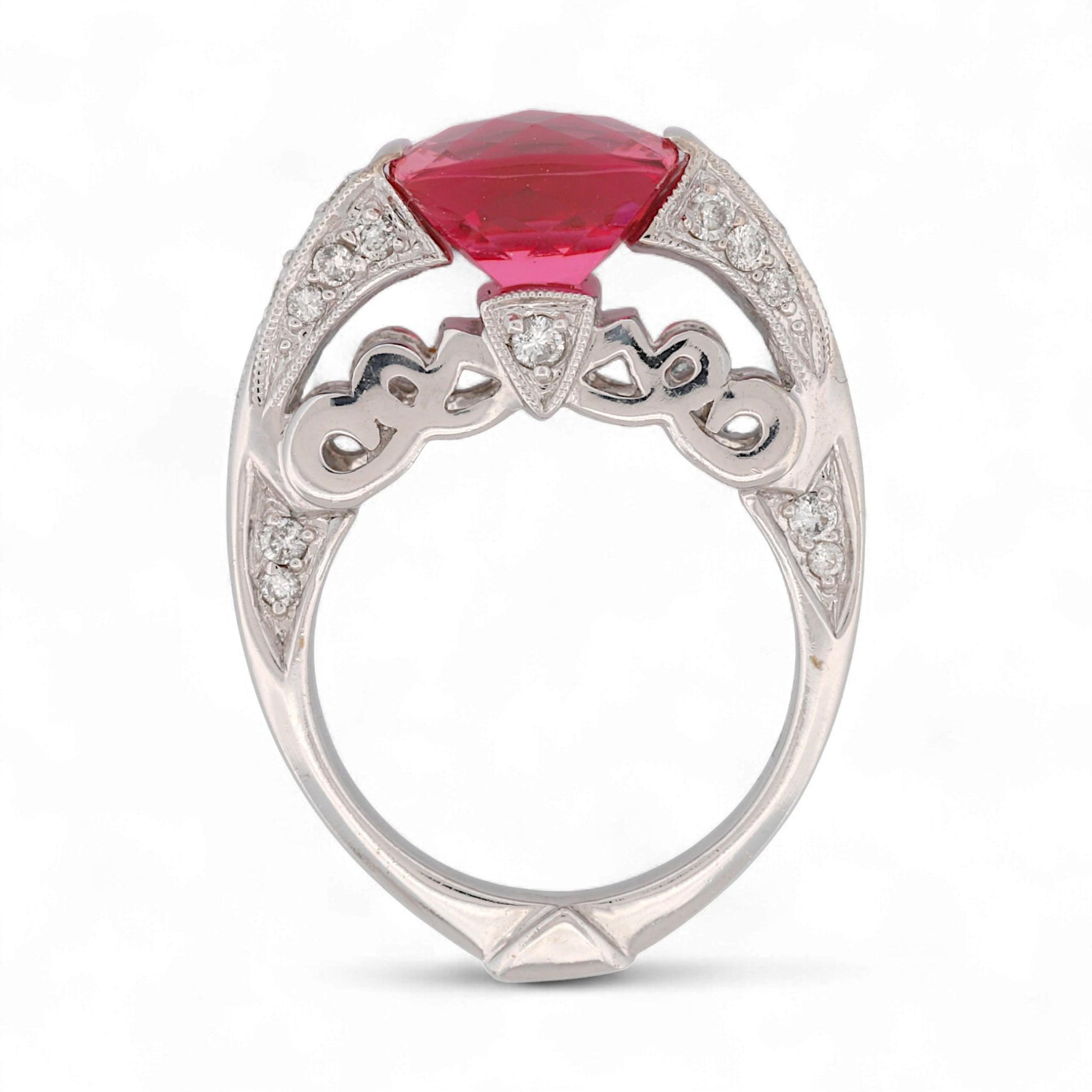 14K White Gold Hot Pink Cushion Gemstone & Diamond Artistic Statement Ring