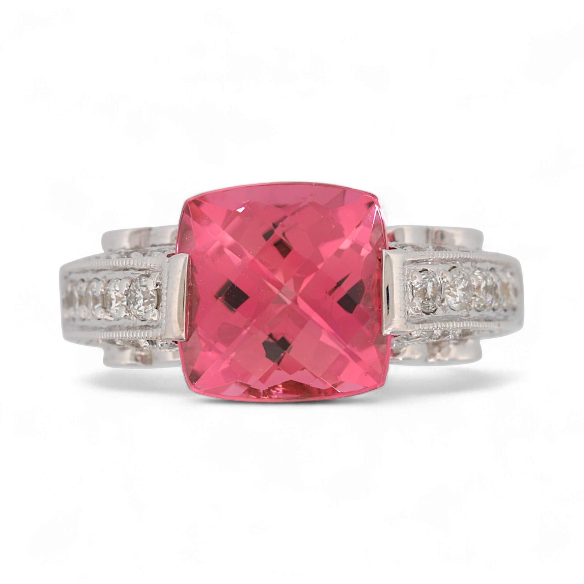 14K White Gold Hot Pink Cushion Gemstone & Diamond Artistic Statement Ring