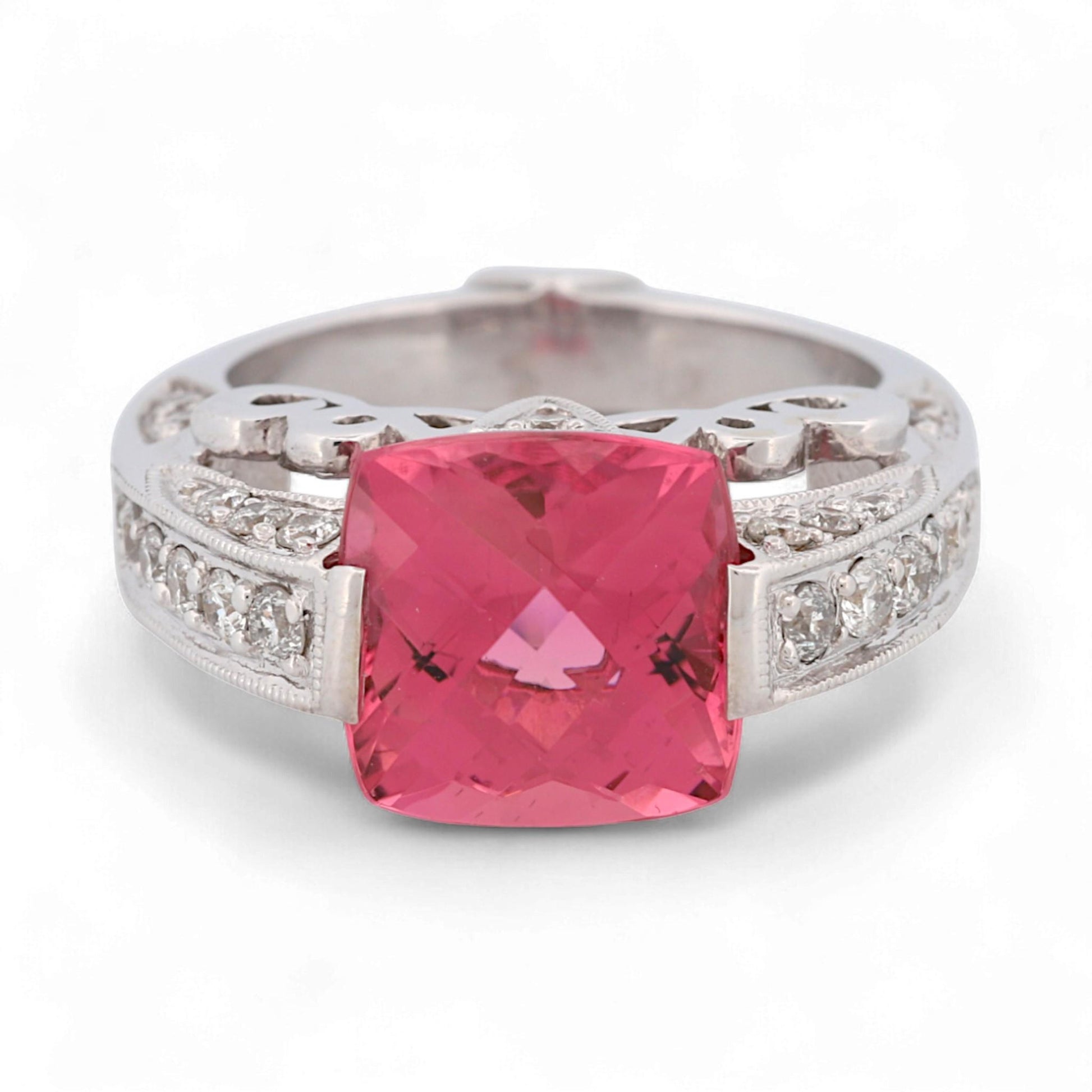 14K White Gold Hot Pink Cushion Gemstone & Diamond Artistic Statement Ring