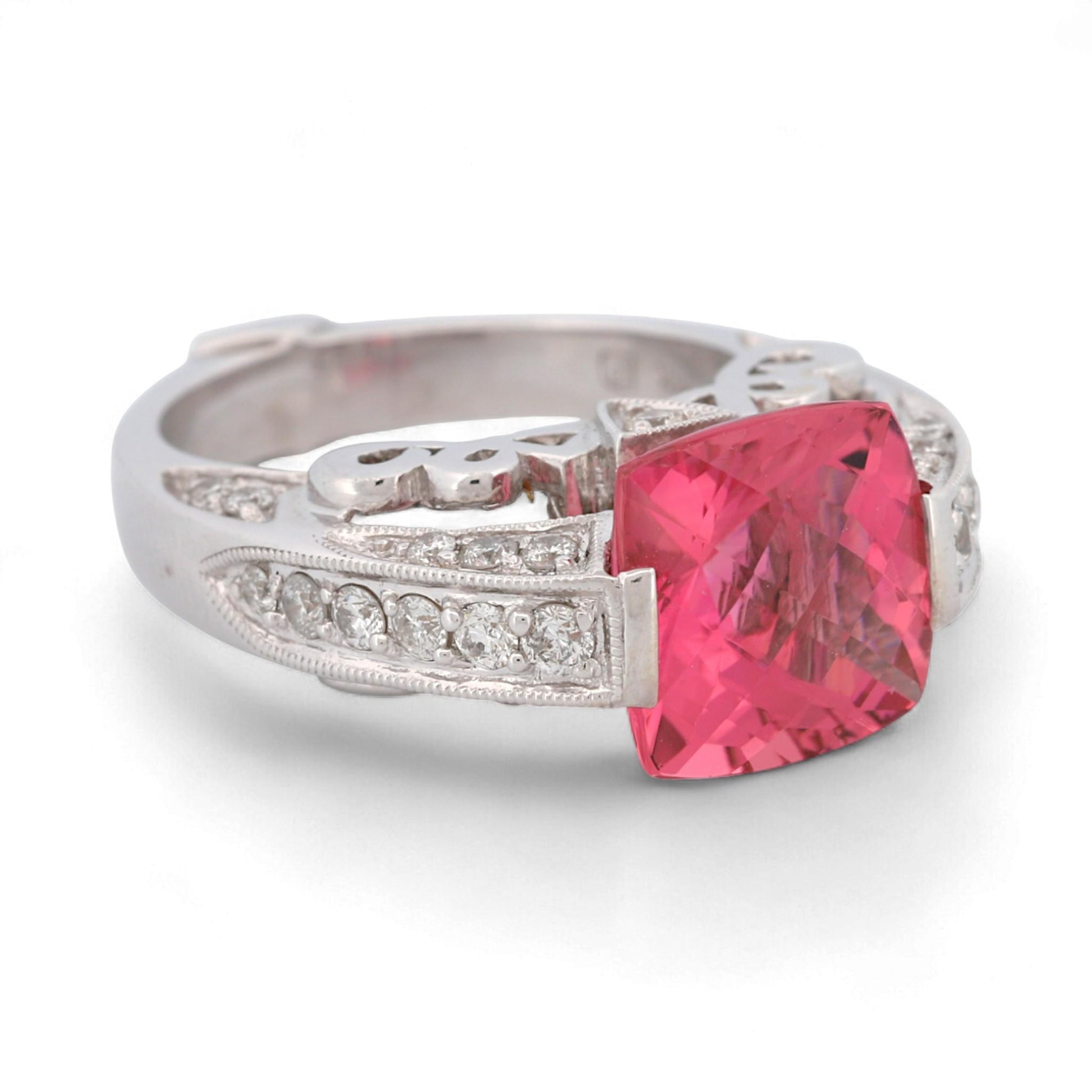 14K White Gold Hot Pink Cushion Gemstone & Diamond Artistic Statement Ring