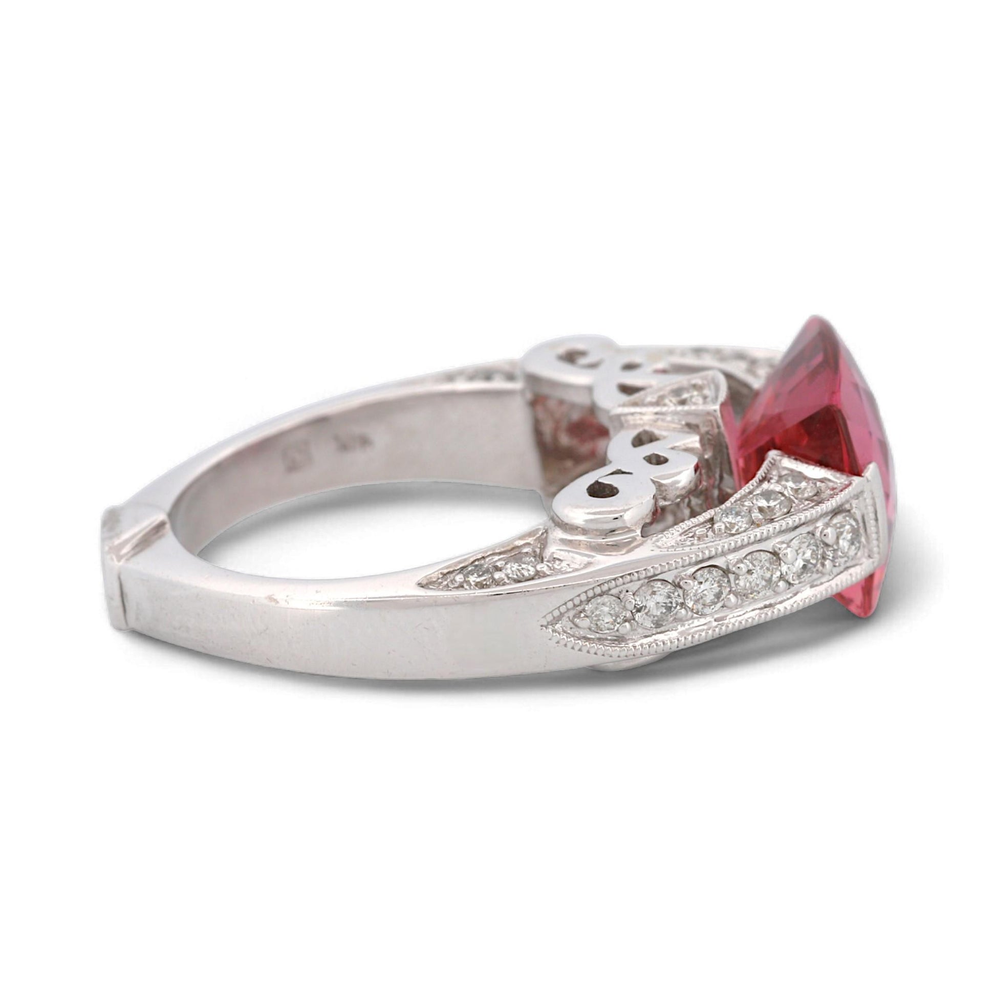 14K White Gold Hot Pink Cushion Gemstone & Diamond Artistic Statement Ring