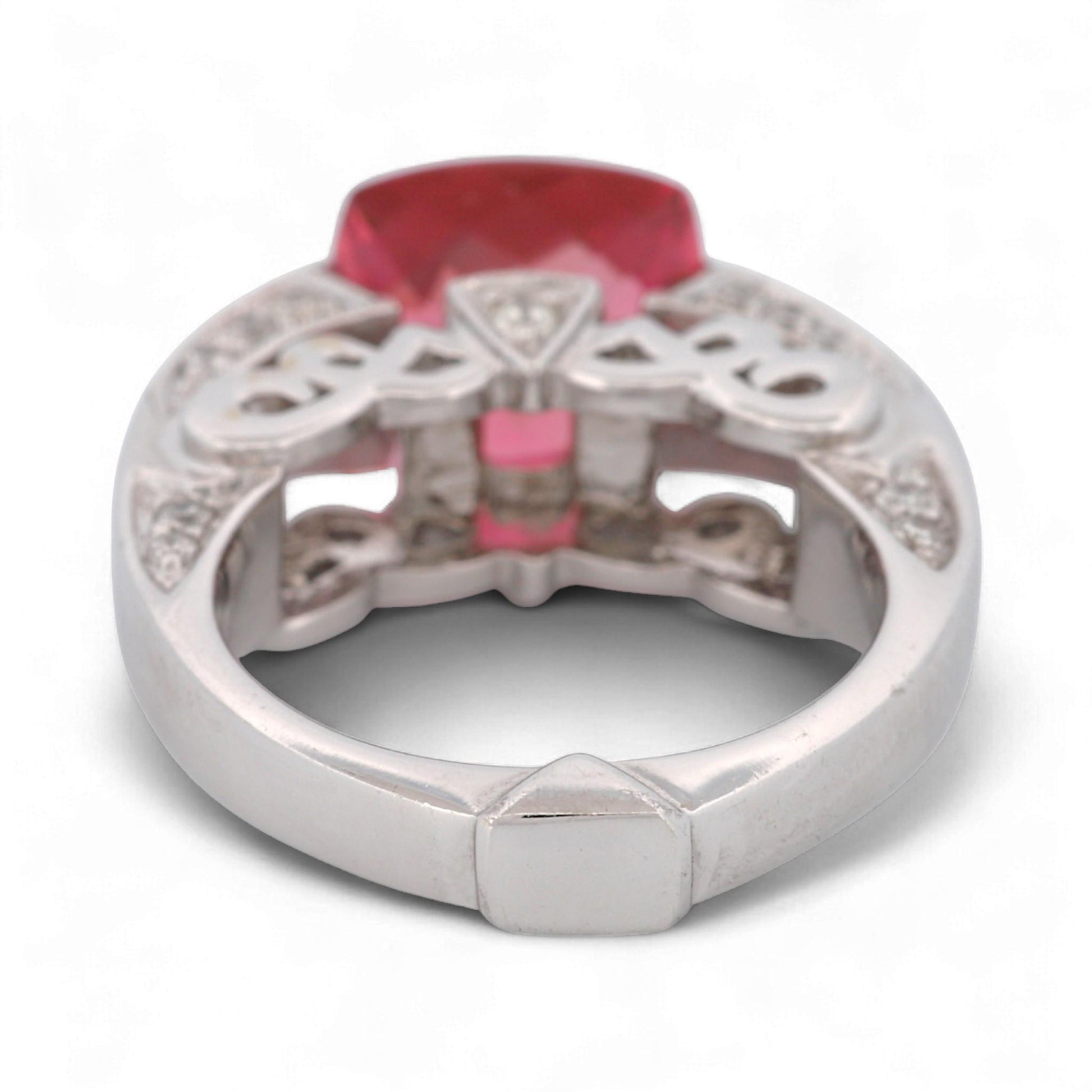 14K White Gold Hot Pink Cushion Gemstone & Diamond Artistic Statement Ring