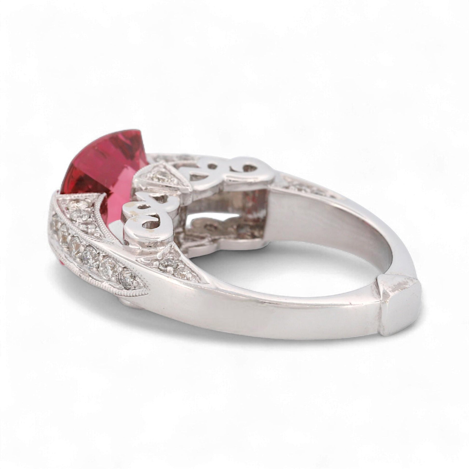 14K White Gold Hot Pink Cushion Gemstone & Diamond Artistic Statement Ring