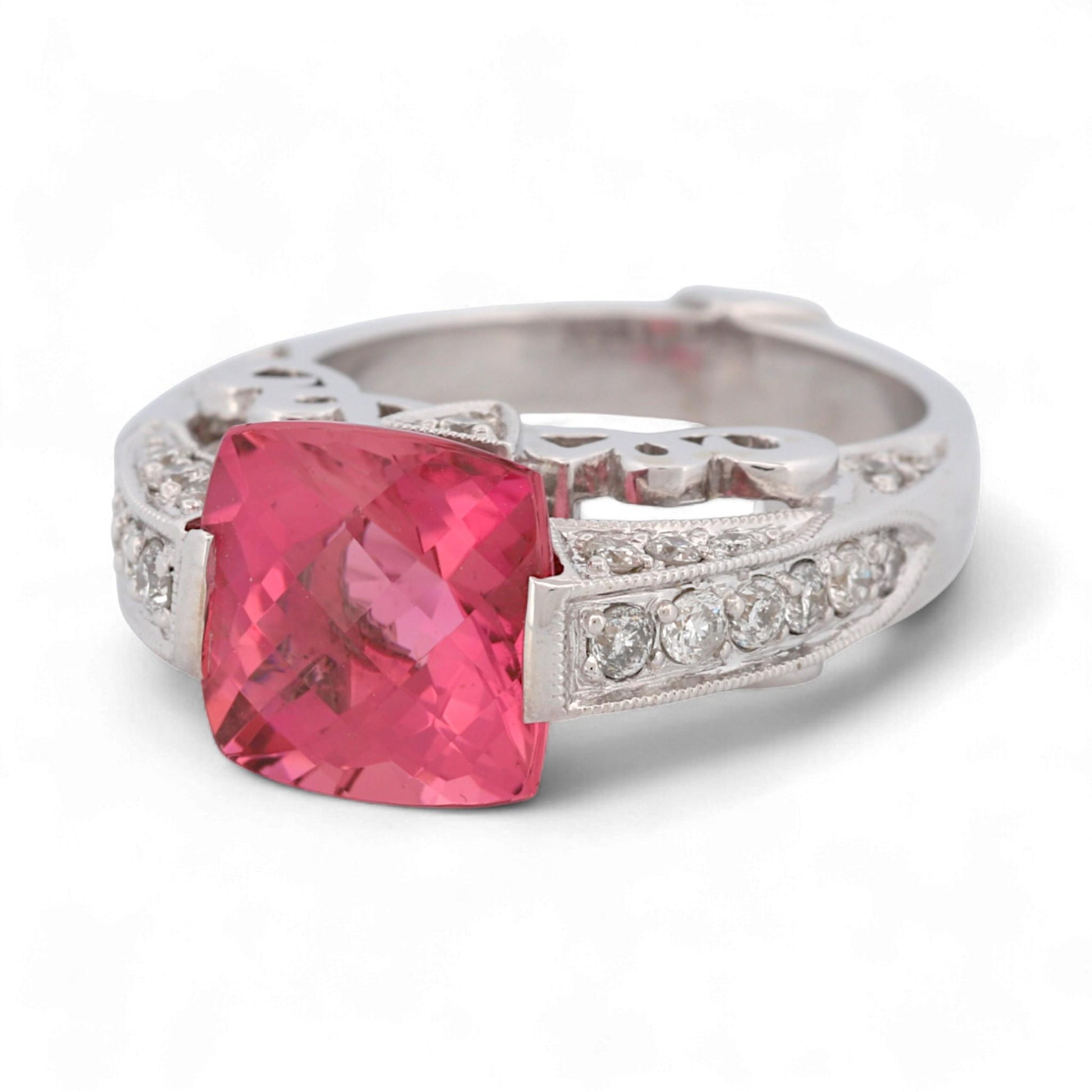 14K White Gold Hot Pink Cushion Gemstone & Diamond Artistic Statement Ring