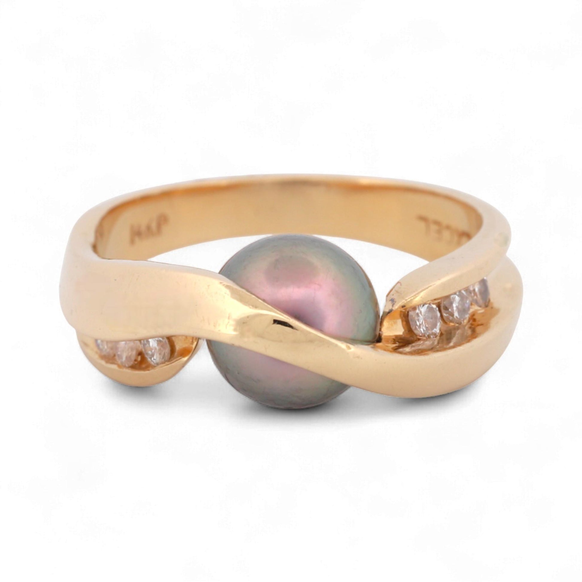 Excel Jewelers 14K Yellow Gold Black Pearl & Diamond Band Ring Size 6.5