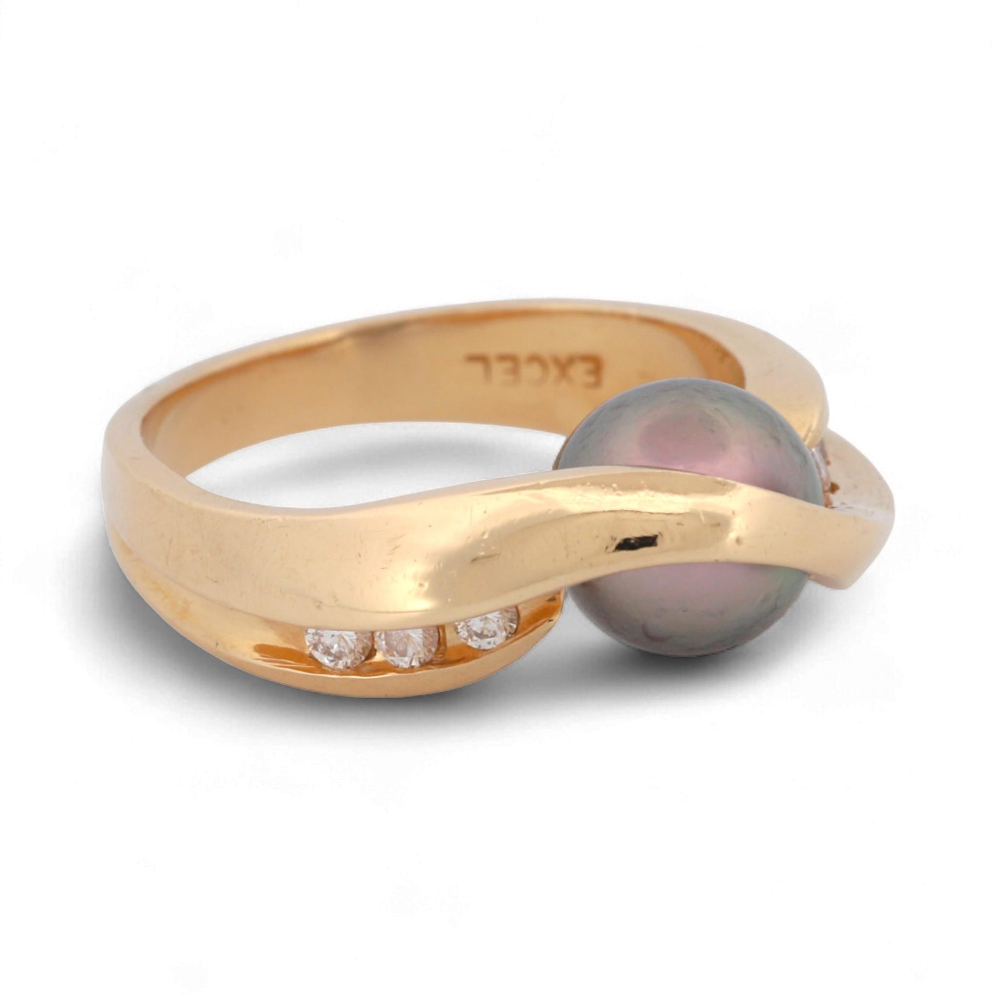 Excel Jewelers 14K Yellow Gold Black Pearl & Diamond Band Ring Size 6.5