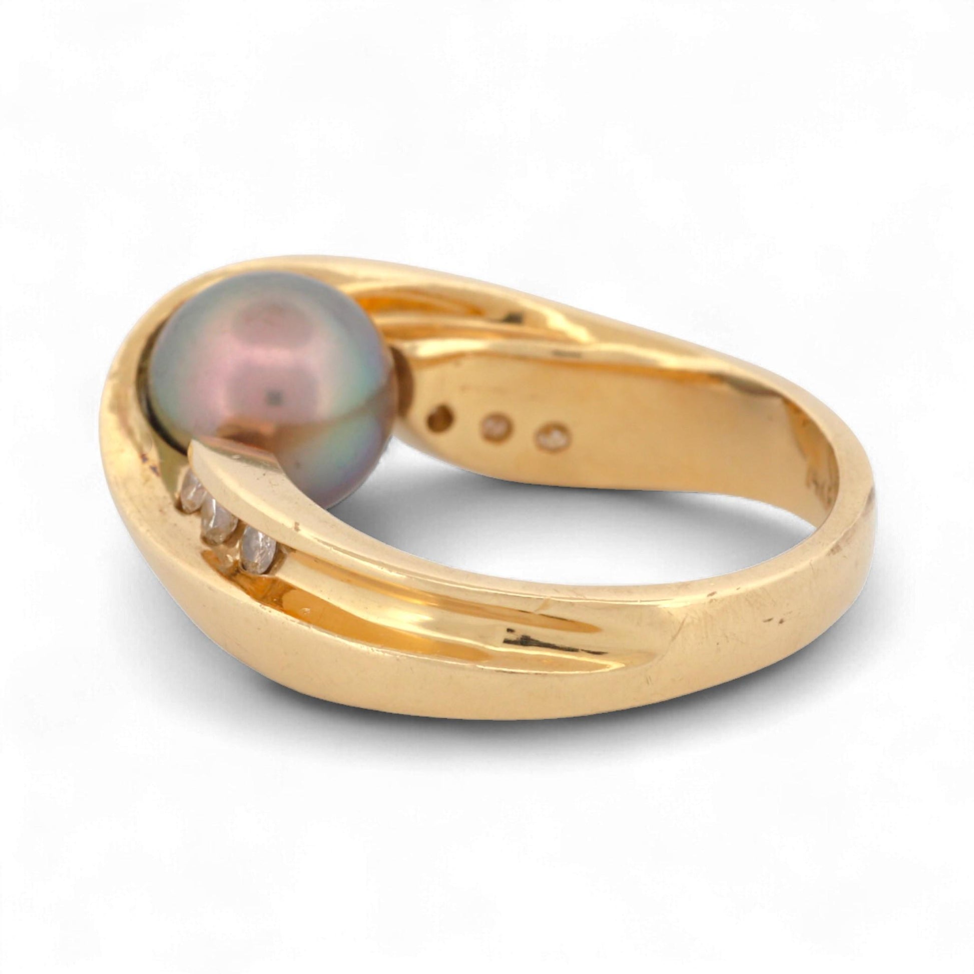 Excel Jewelers 14K Yellow Gold Black Pearl & Diamond Band Ring Size 6.5