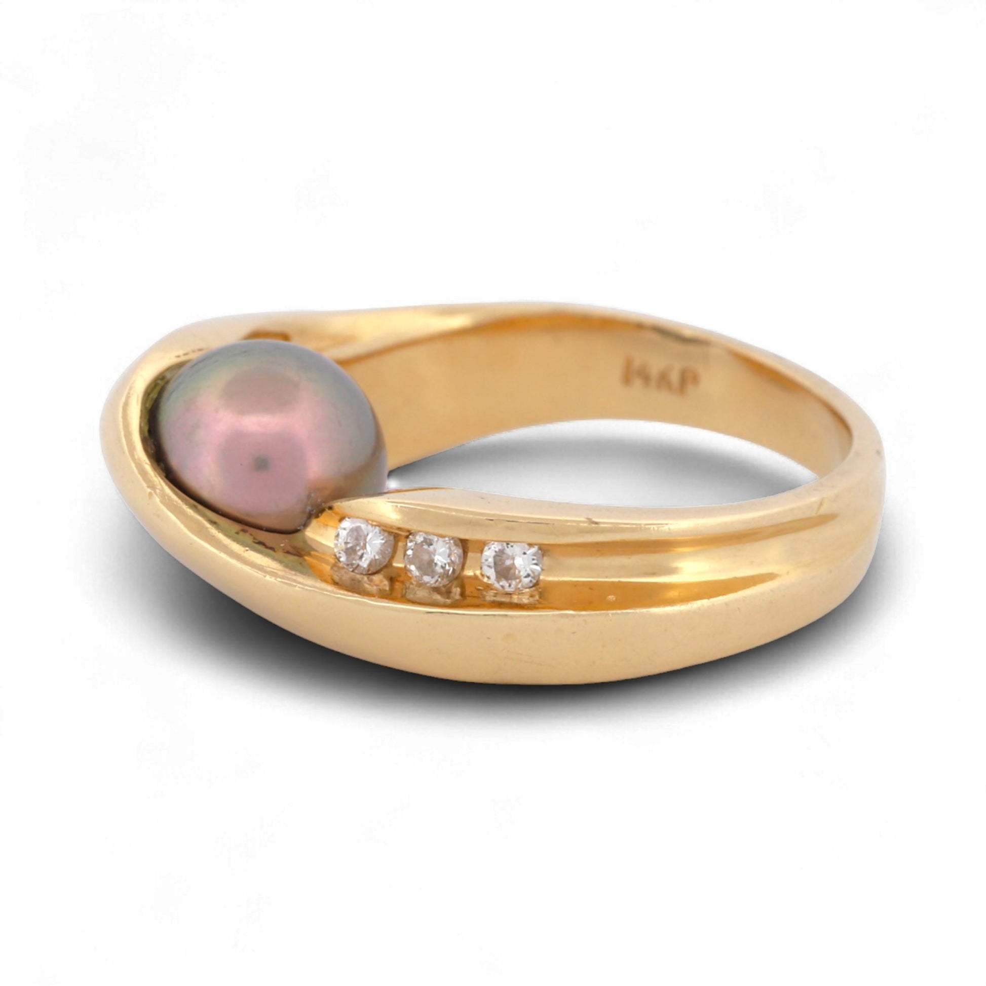 Excel Jewelers 14K Yellow Gold Black Pearl & Diamond Band Ring Size 6.5