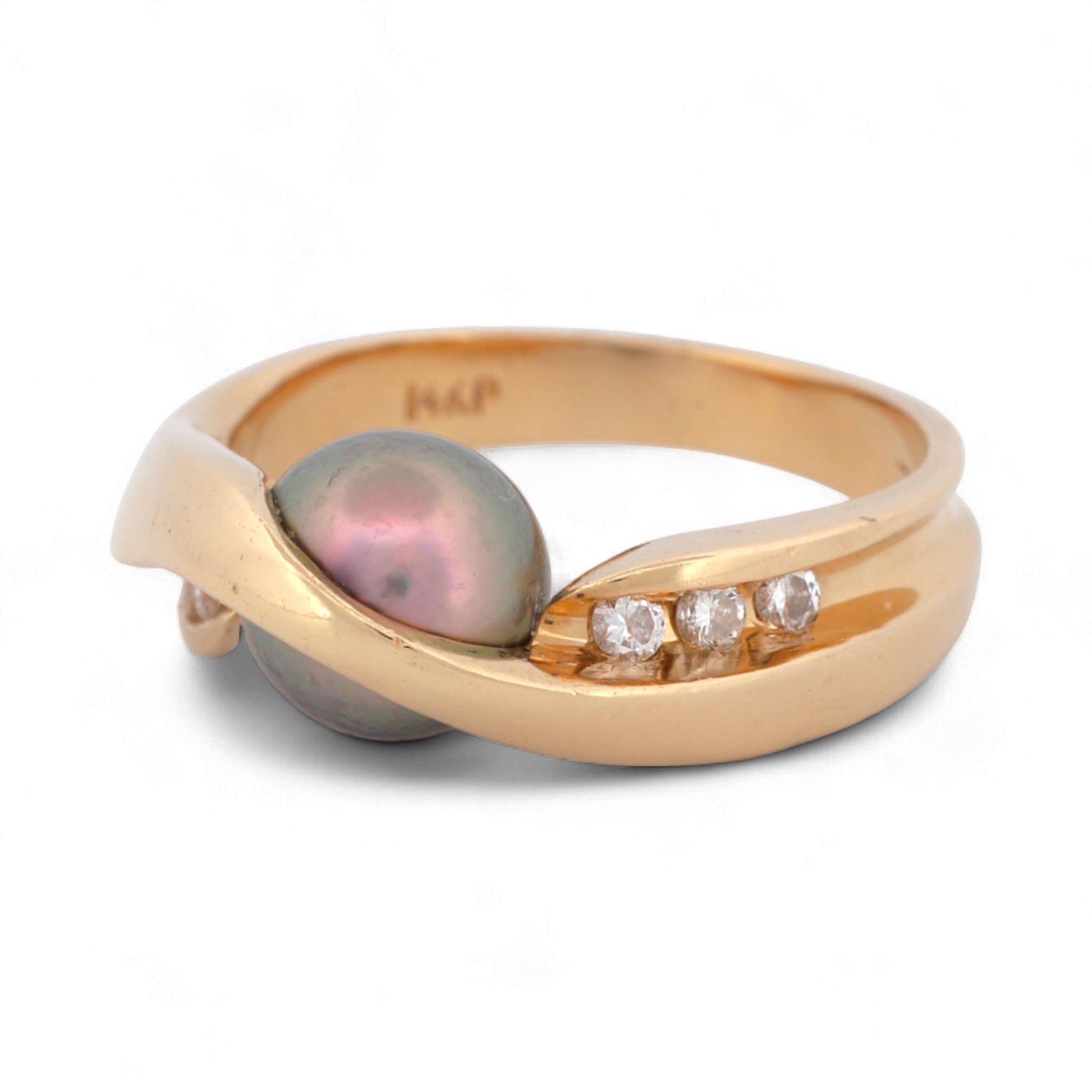 Excel Jewelers 14K Yellow Gold Black Pearl & Diamond Band Ring Size 6.5