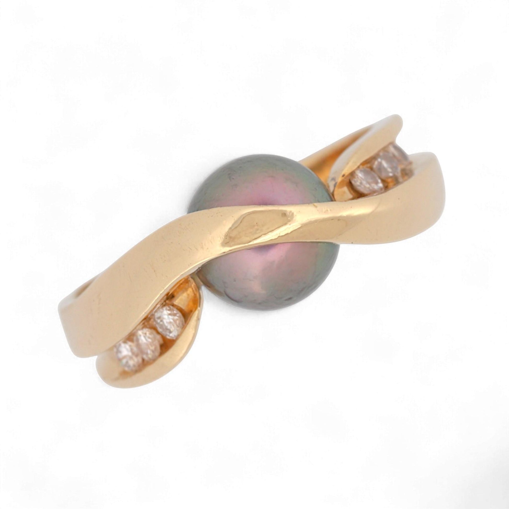 Excel Jewelers 14K Yellow Gold Black Pearl & Diamond Band Ring Size 6.5