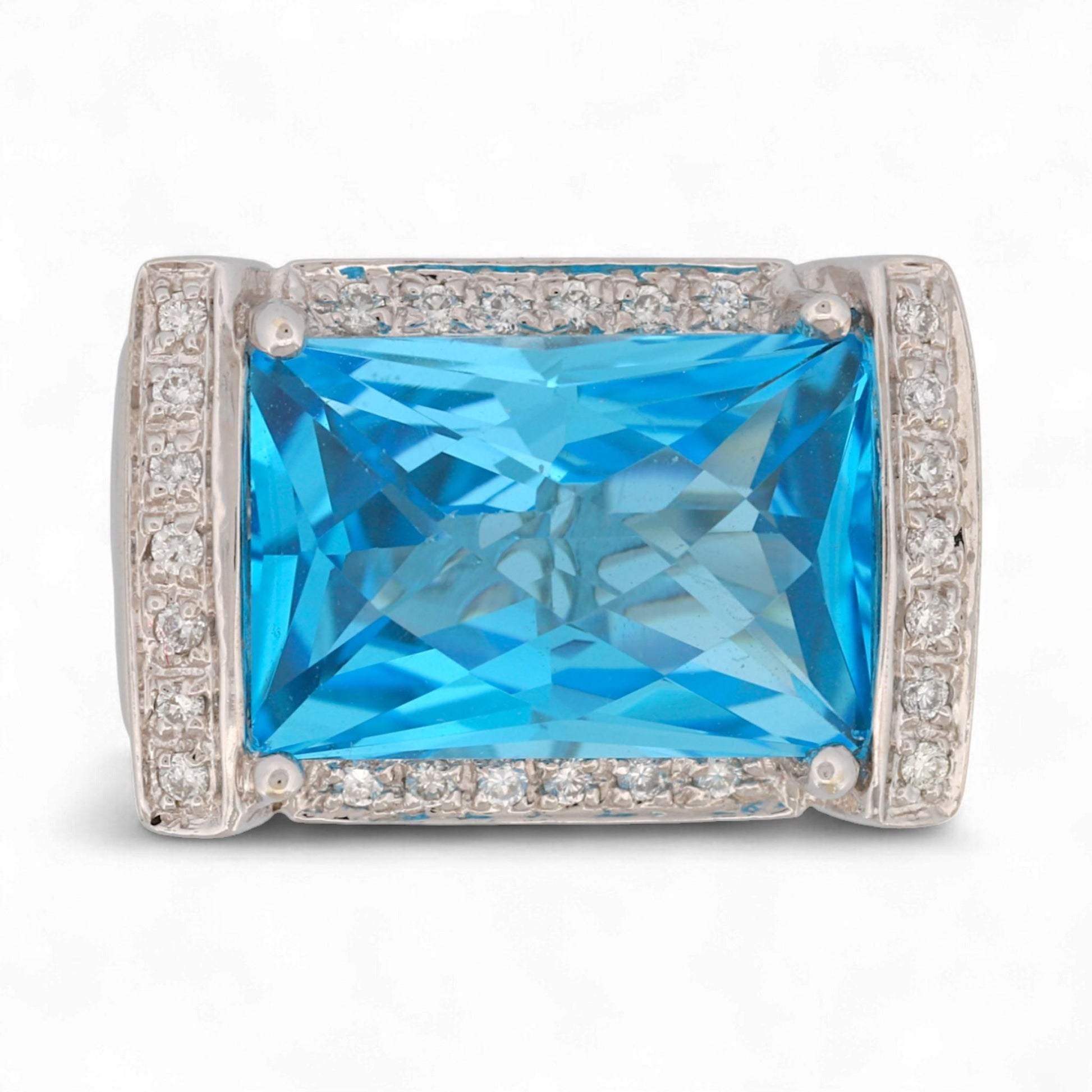 14K White Gold Blue Topaz & Diamond Rectangular Statement Ring Size 7
