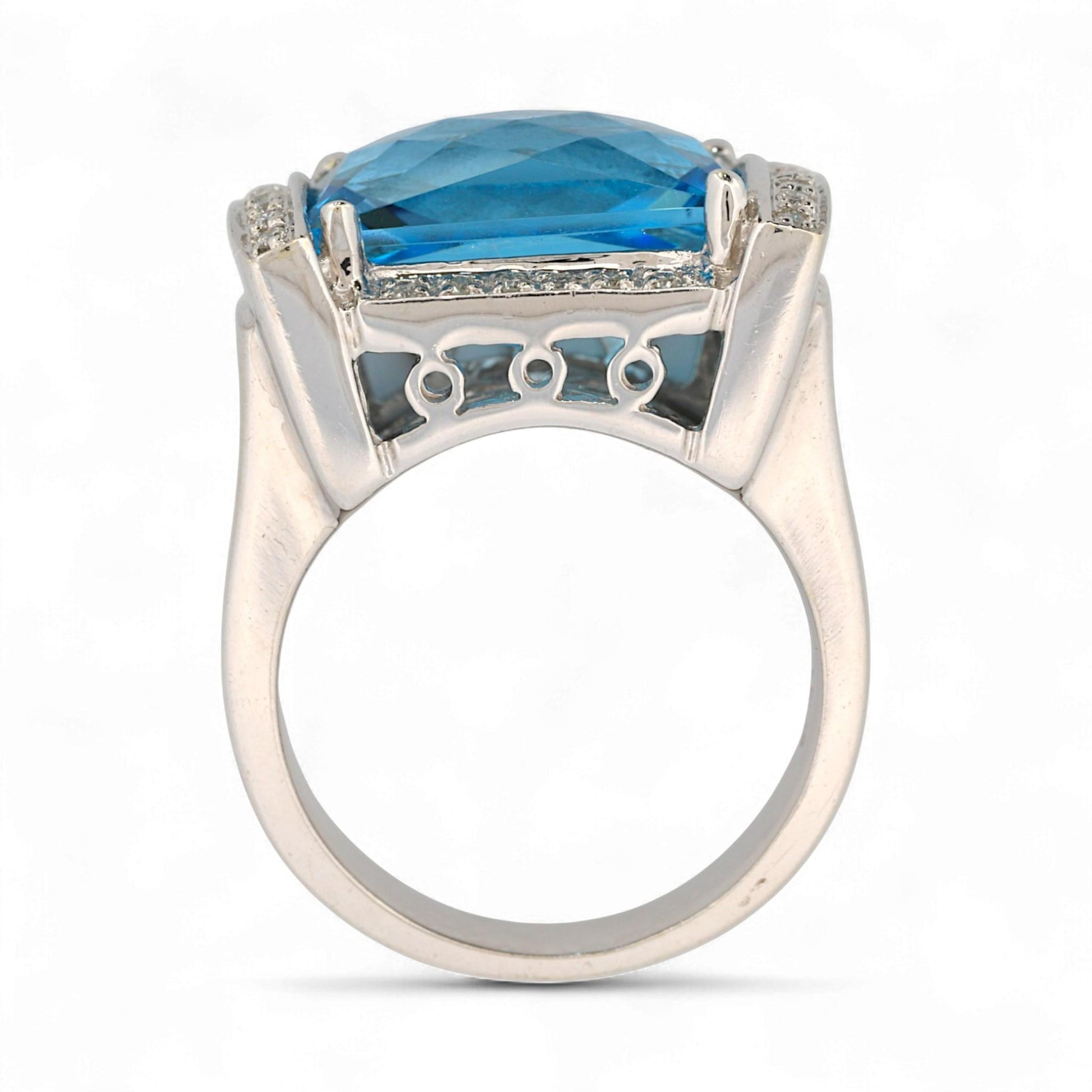 14K White Gold Blue Topaz & Diamond Rectangular Statement Ring Size 7