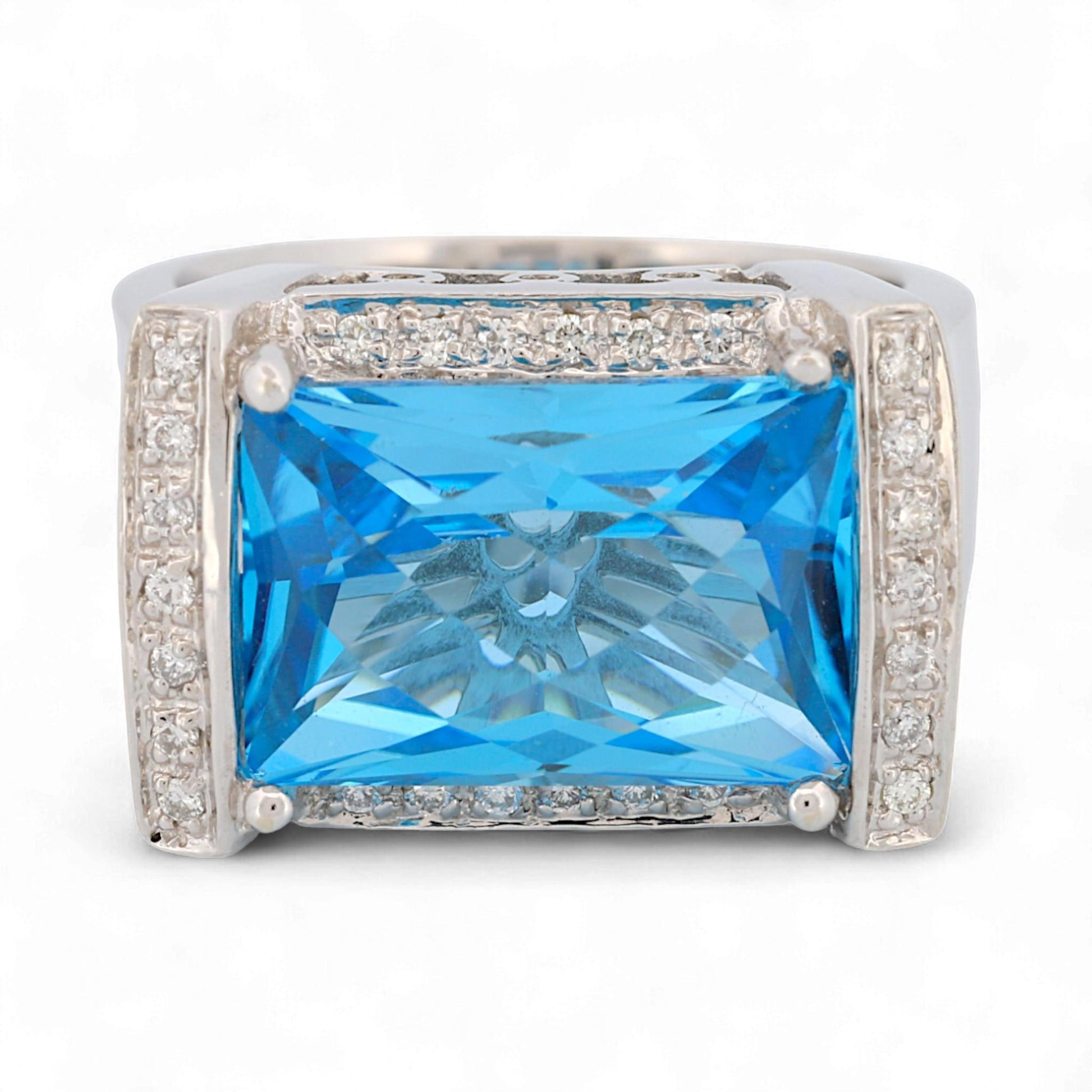 14K White Gold Blue Topaz & Diamond Rectangular Statement Ring Size 7