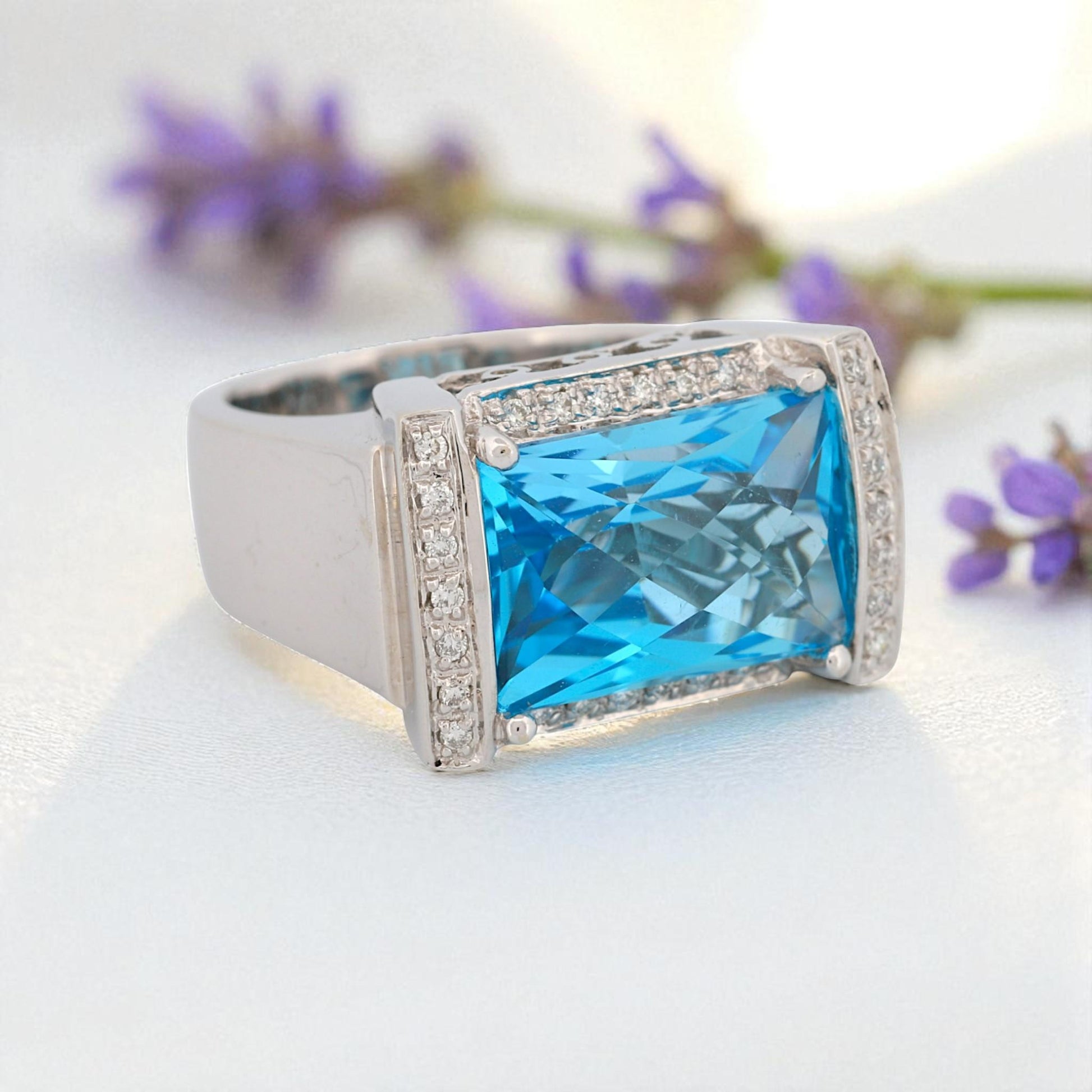 14K White Gold Blue Topaz & Diamond Rectangular Statement Ring Size 7
