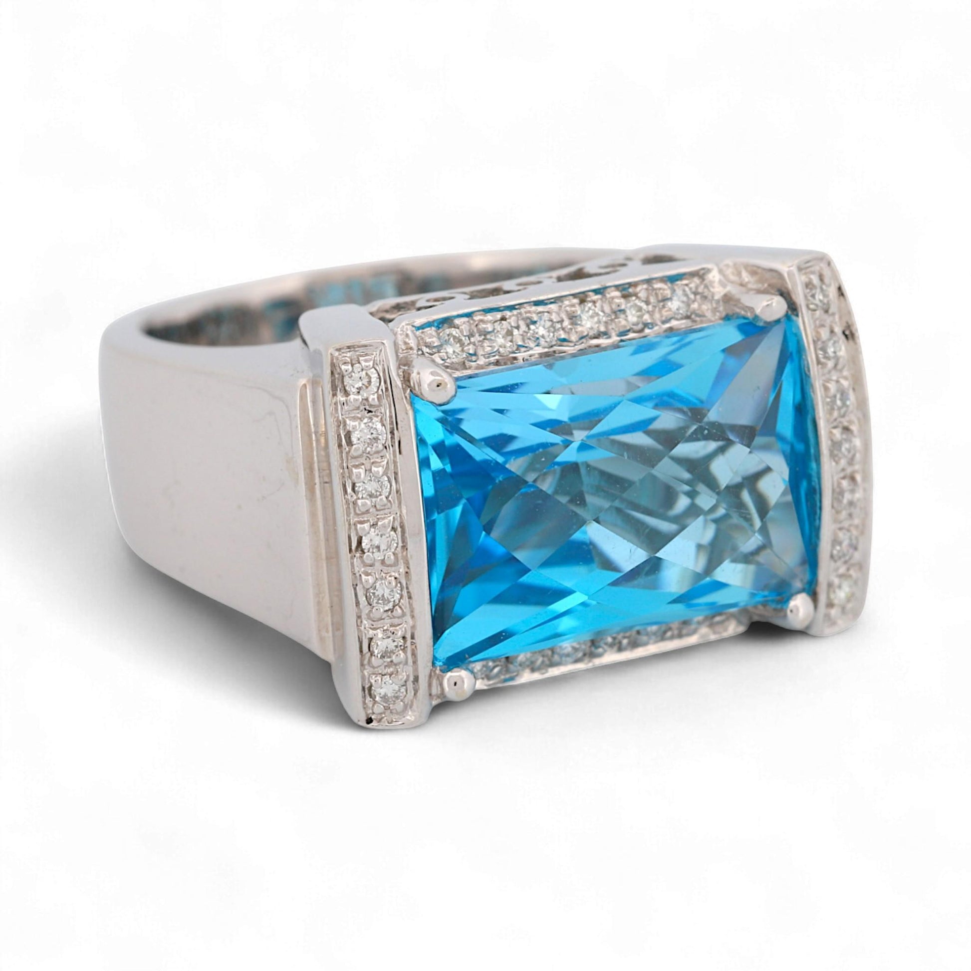 14K White Gold Blue Topaz & Diamond Rectangular Statement Ring Size 7